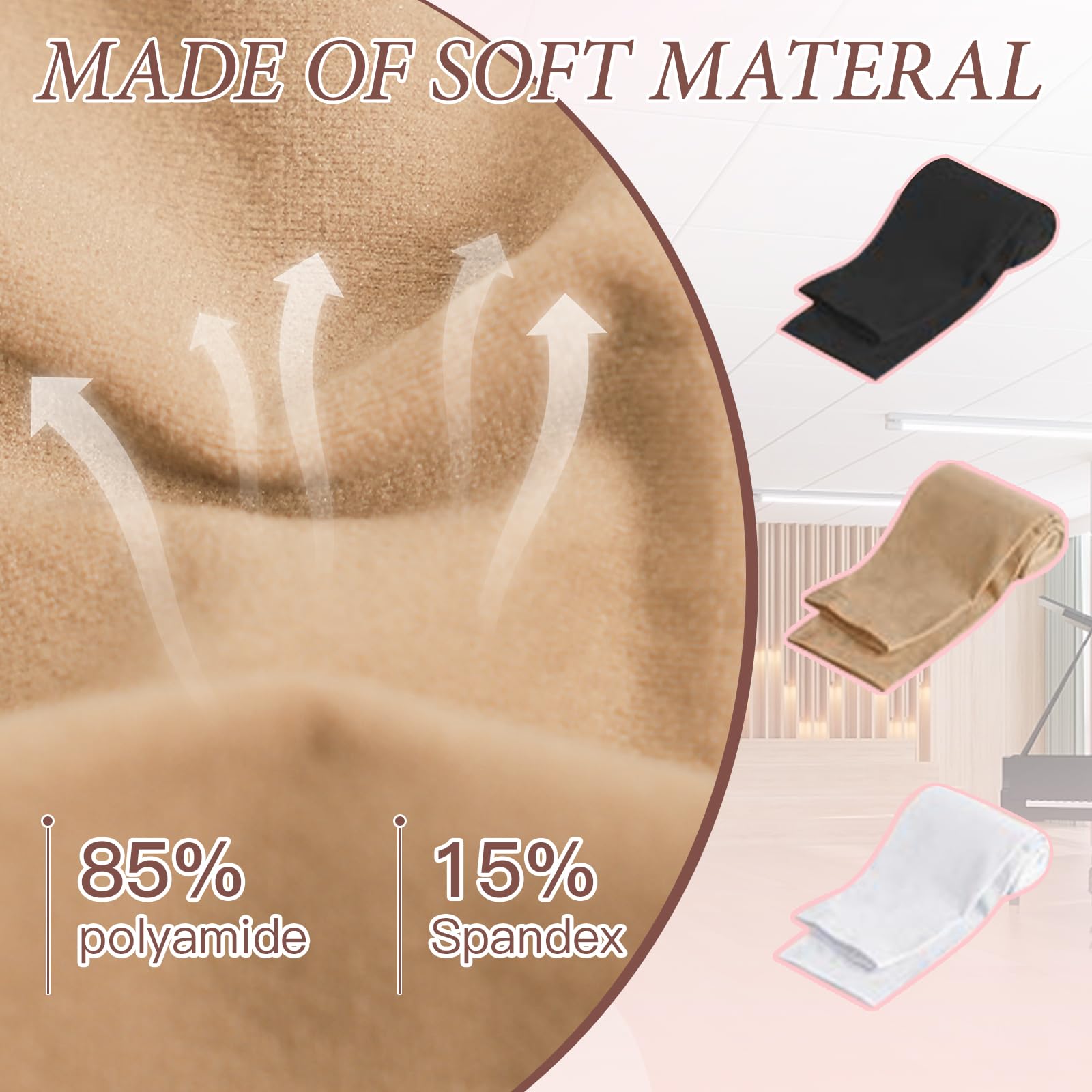 Girl's Ballet Tights (3 Pairs) - Black, White, Nude for Dance & School