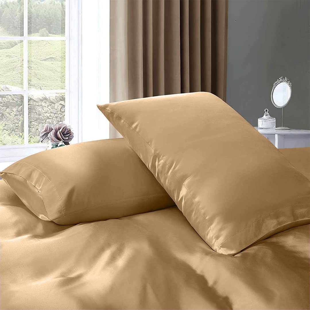 Luxury 7-Piece Silk Satin Sheet Set for Short Queen Beds - Deep Pocket Cooling Bedding - Breathable Wrinkle-Free Hotel Quality Dark Ivory Duvet Cover & Pillowcases - Perfect for Hot Sleepers & Luxury Bedroom Decor