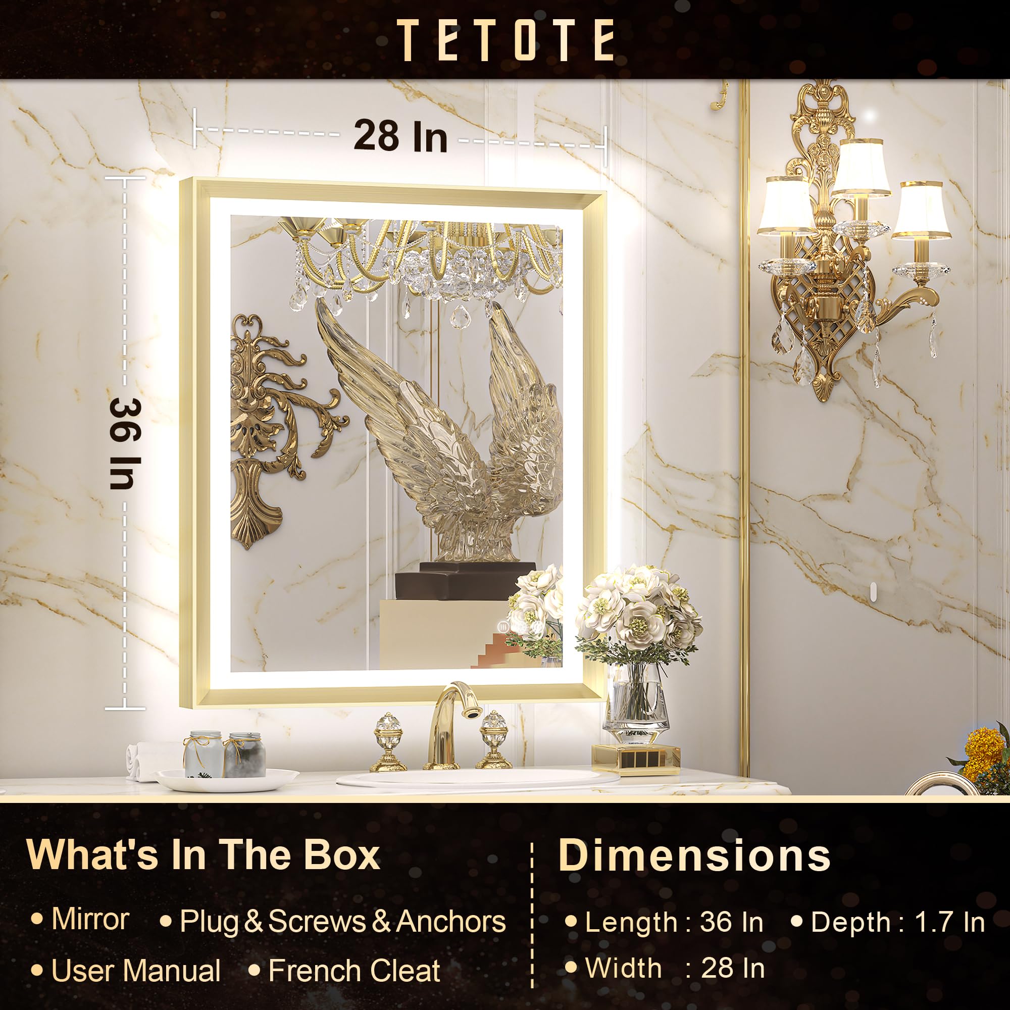 Gold LED Bathroom Mirror with Lights - 28x36 Inch Frontlit & Backlit Vanity Mirror, Baroque Style, Anti-Fog, Stepless Dimmable (White/Warm/Natural Light), CRI90+, Waterproof, Wall Mounted (Horizontal/Vertical) - Perfect for Makeup, Shaving & Home Decor