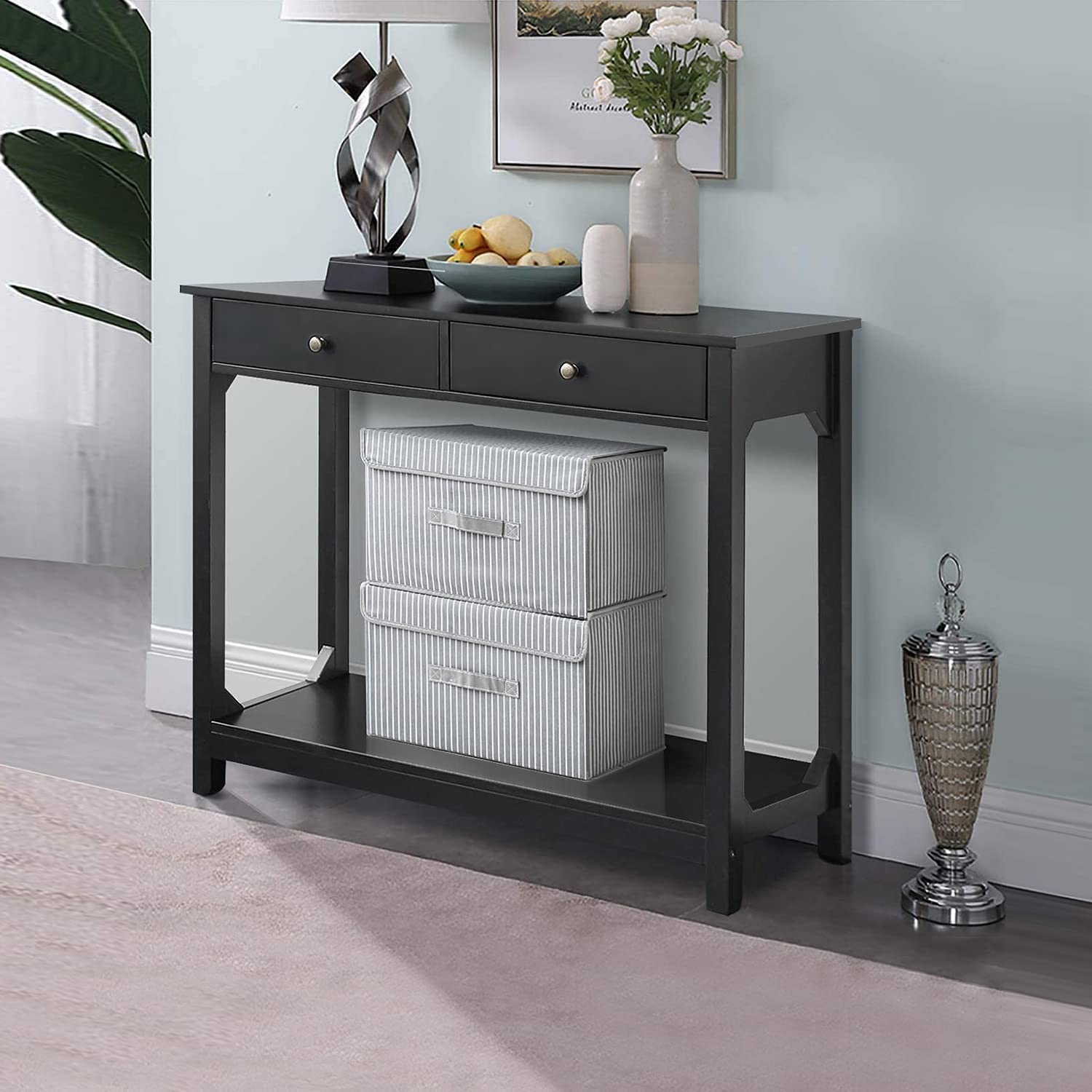 TaoHFE Modern Console Table with 2 Storage Drawers - Entryway Sofa Table for Small Hallway, Black - Perfect for Living Room, Foyer & Apartment Decor