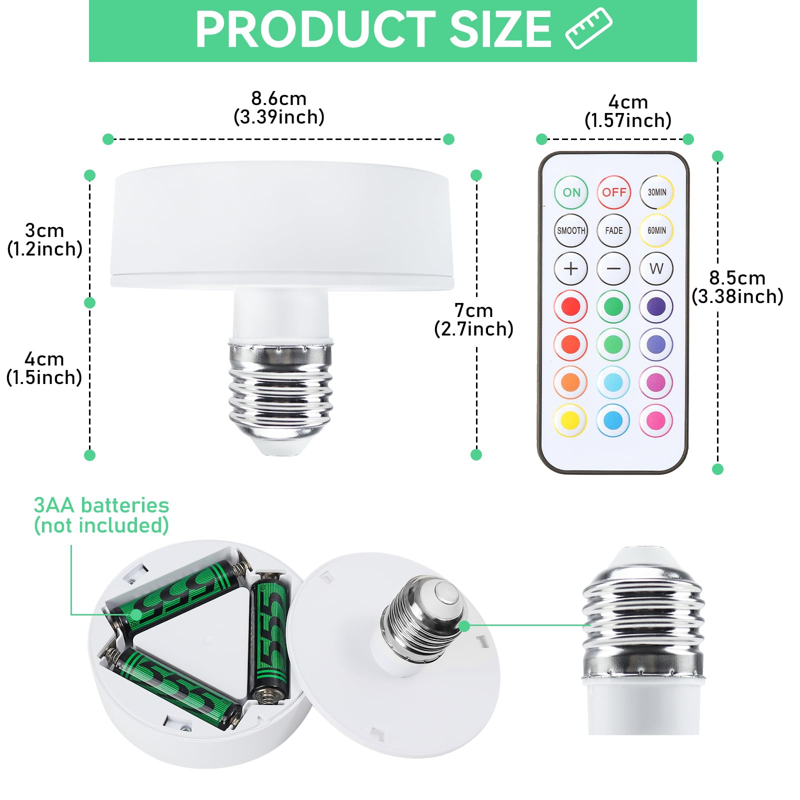 2 Pack Battery Operated LED Light Bulbs - Dimmable E26 Base, 13 Color RGB Changing Puck Lights with Remote Control & Memory Function - Perfect for Non-Electric Chandeliers, Wall Sconces, Closets, Camping & Emergency Lighting