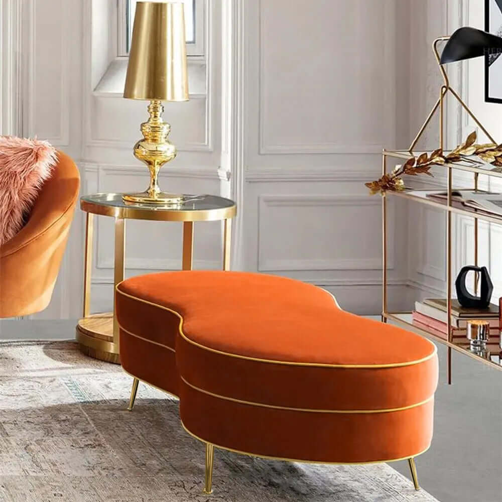 Modern Orange Velvet Upholstered Bench with Gold Legs - Stylish Ottoman for Living Room, Bedroom or Entryway Seating