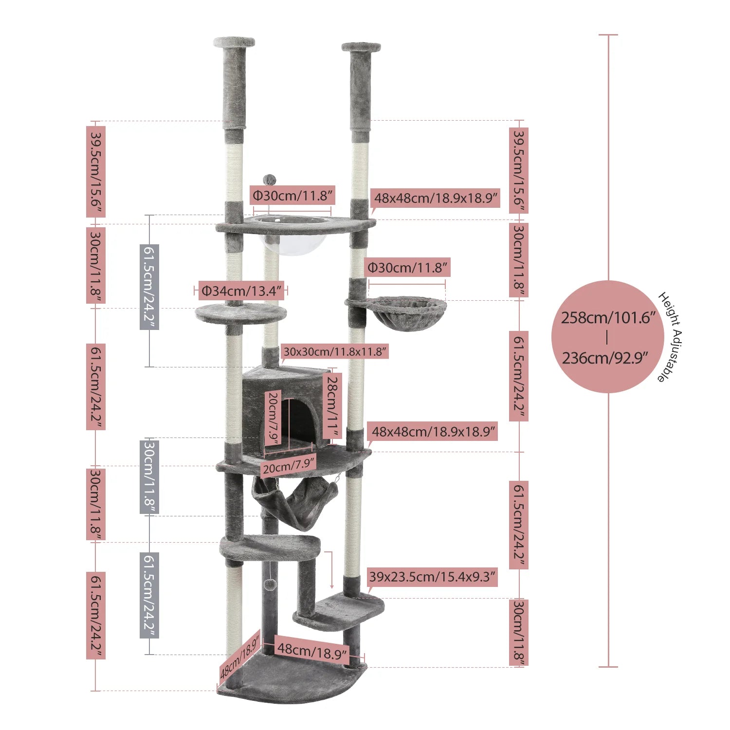 Adjustable Floor to Ceiling Cat Tree with Perch & Scratching Post - Grey - Perfect for Small Spaces & Apartment Living for Cats