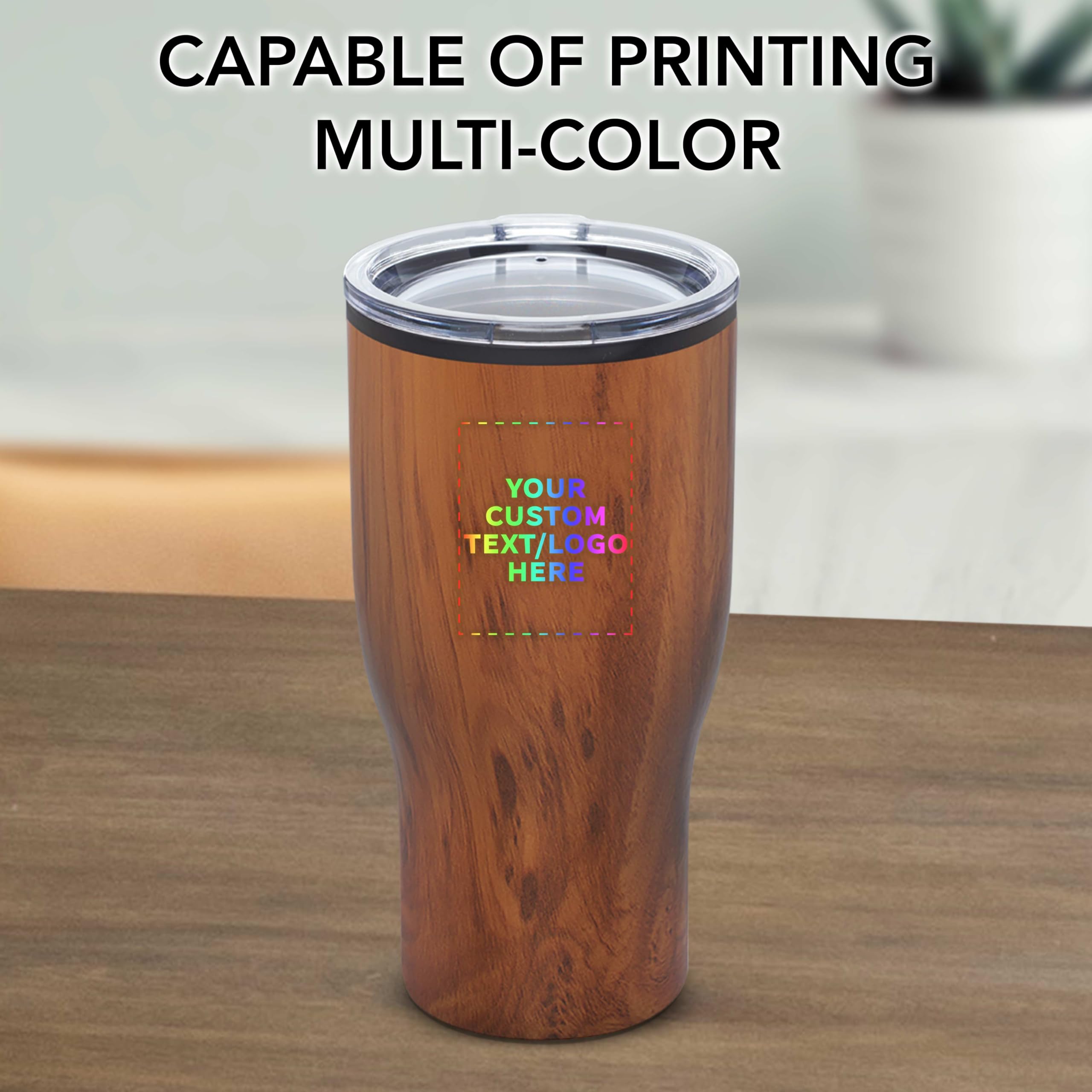Challenger 28 oz Custom Stainless Steel Travel Mugs - Set of 12 Personalized Bulk Pack - Insulated Coffee & Beverage Cups for Hot & Cold Drinks - Wood Grain Design - Perfect for Office, Camping, Travel & Gifts