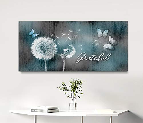 Grateful Dandelions & Butterfly Wall Art - Rustic Bedroom Decor Pictures for Walls (60x27, Teal) | Perfect for Boho Home Decor, Living Room & Nursery Wall Art