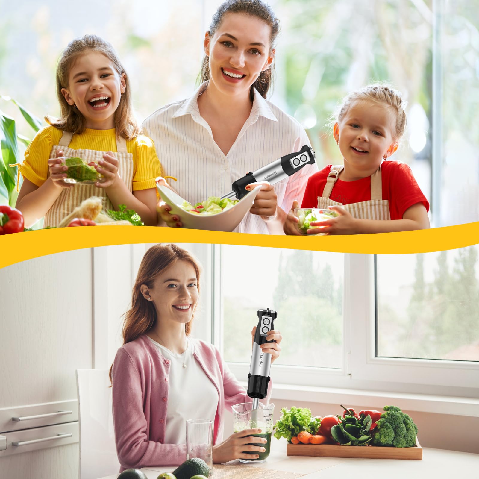 1000W 6-in-1 Immersion Blender Handheld - 12 Speed Electric Hand Blender with 600ml Mixing Beaker, 500ml Food Chopper & 304 Stainless Steel Blades - Includes Whisk & Milk Frother - Perfect for Making Soup, Smoothie, Sauce, Baby Food, Milkshakes & More - Ideal for Kitchen, Home Cooking & Meal Prep