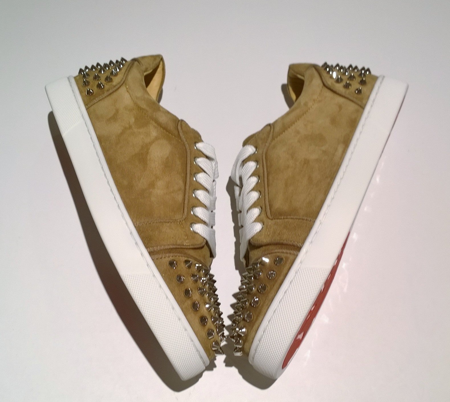 Christian Louboutin Vieira 2 Orlato Veau Fennec Suede Sneakers with Silver Spikes - Luxury Women's Fashion Trainers for Casual Wear & Night Out