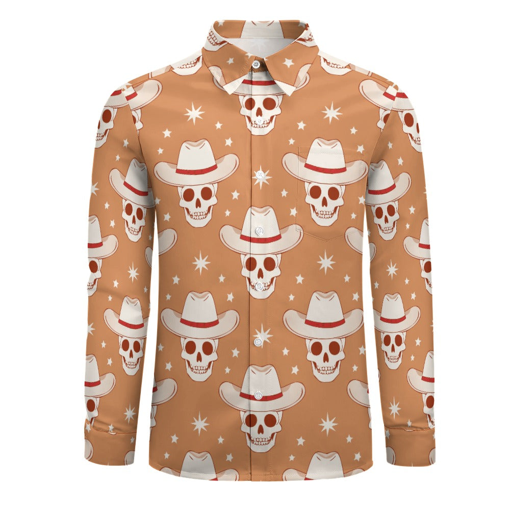 Stylish Cowboy Skulls Print Casual Long Sleeve Shirt with One Pocket - Perfect for Western Fashion, Outdoor Adventures & Country Music Events