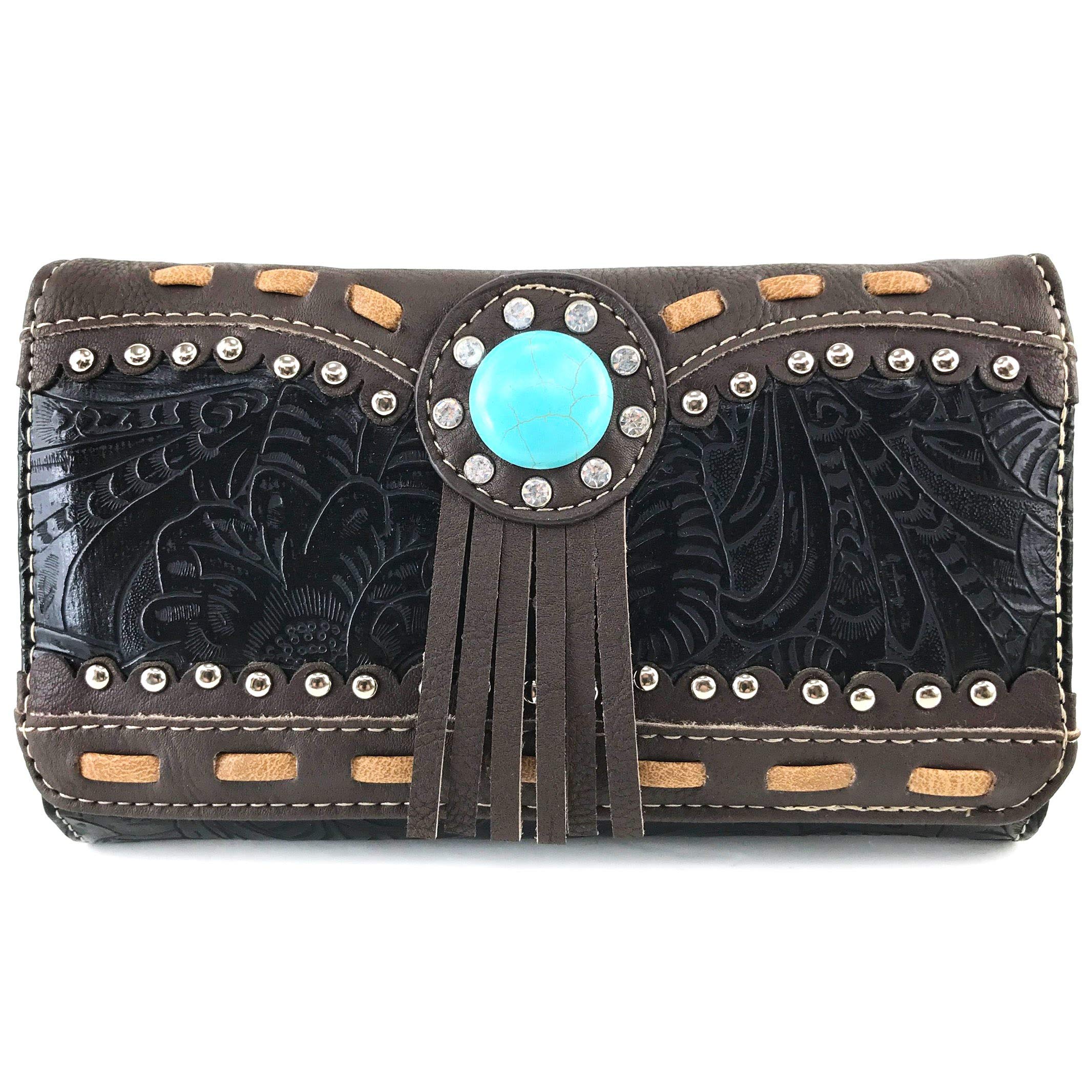 Turquoise Concho Floral Women's Crossbody Trifold Wallet - Stylish & Compact for Everyday Use, Travel, and Shopping
