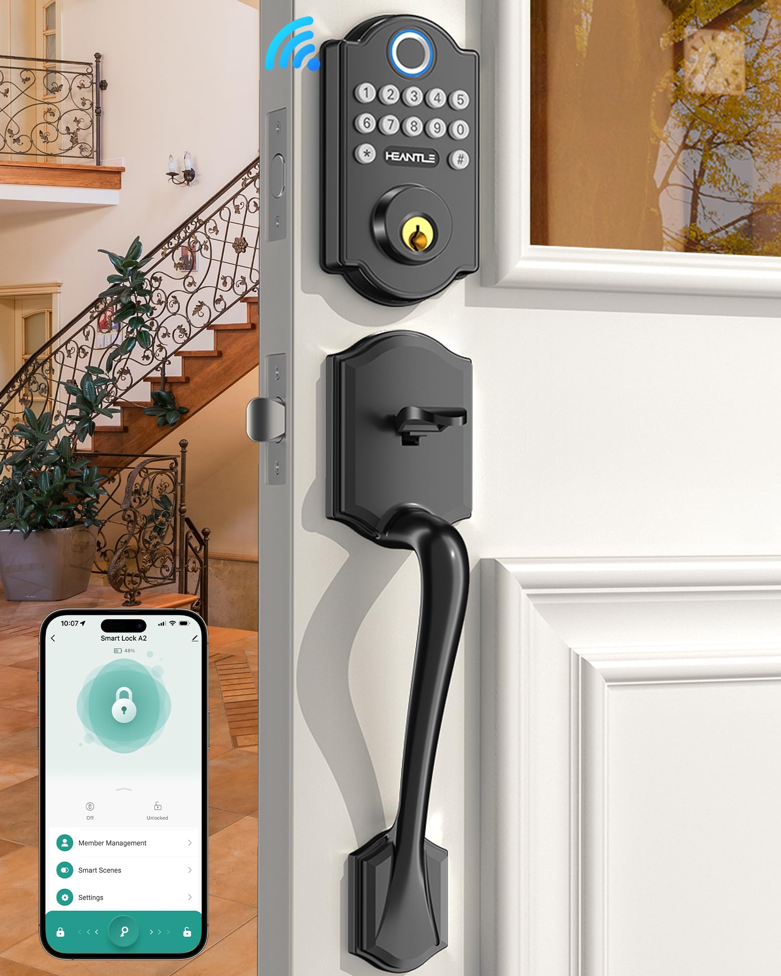 HEANTLE Smart WiFi Door Lock with Fingerprint, Keypad & App Control - Keyless Entry Deadbolt for Front Door - Works with Alexa, Auto-Lock - Perfect for Home Security & Smart Home Automation