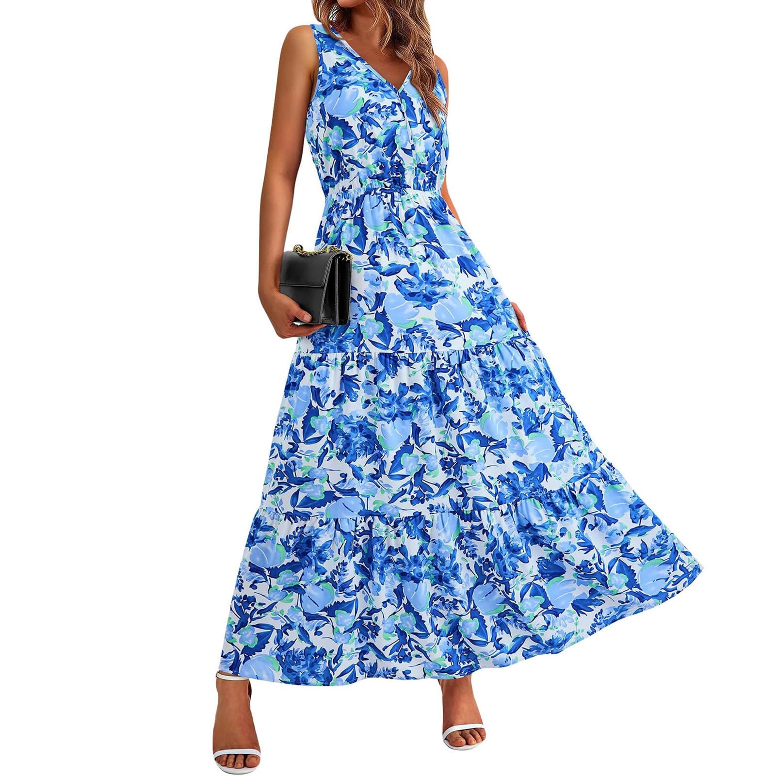 Boho Floral Maxi Dress for Women - Sleeveless Flowy Tiered Long Dress for Beach, Wedding Guest & Casual Wear | Summer Boho Chic Style