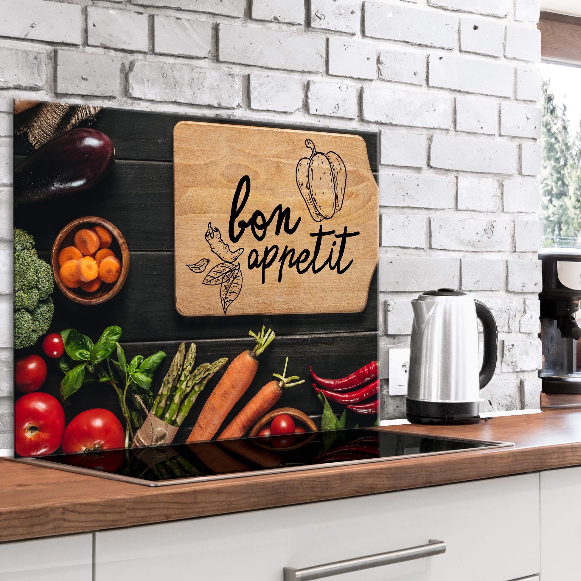 Artgeist 31x24 Inches Tempered Glass Kitchen Backsplash - Heat Resistant Printed Toughened Glass Splashback for Stove Protection (Bon Appétit Fruit Vegetables Design) - Perfect for Modern Kitchens, Restaurant Decor & Home Renovation Projects