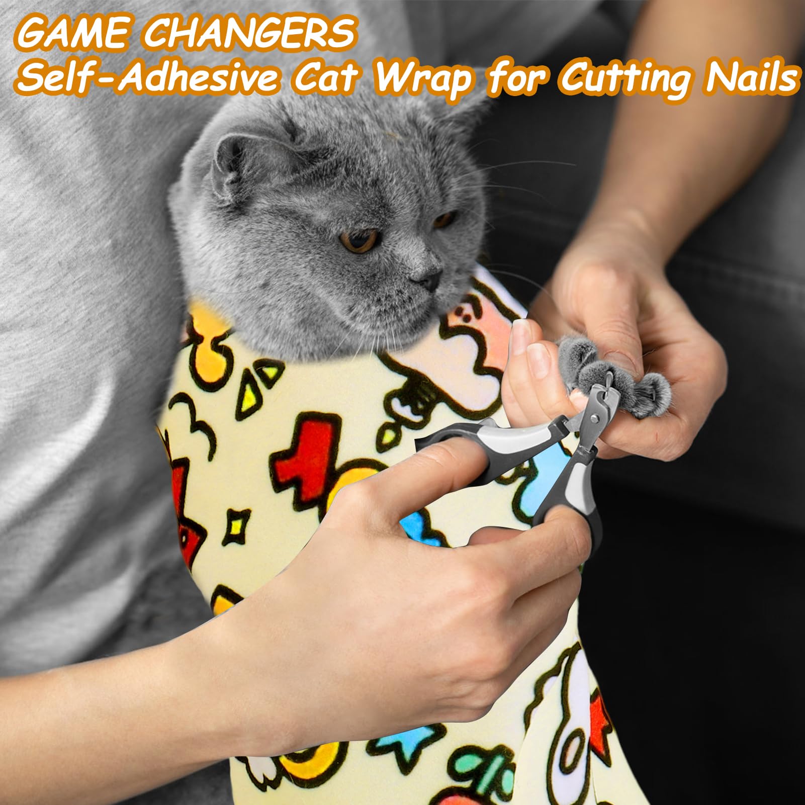 BABORUI Self-Adhesive Cat Grooming Wrap for Nail Trimming - Anti-Scratch Cat Swaddle with Nail Clipper, Soft Pet Restraint Wrap for Stress-Free Grooming - Perfect for Anxious Cats During Vet Visits & Home Nail Care