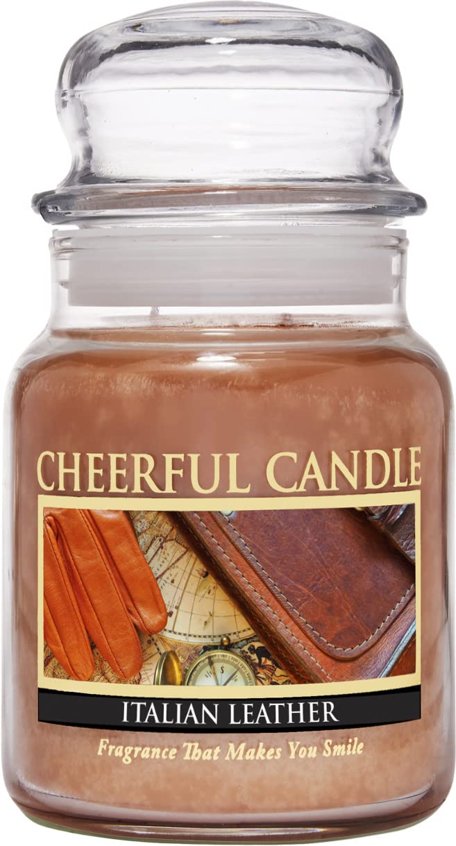 Cheerful Giver Italian Leather Scented Candle - 6oz Jar with 35 Hours Burn Time, Luxury Home Decor Gift for Women - Perfect for Relaxation, Spa Nights & Romantic Ambiance