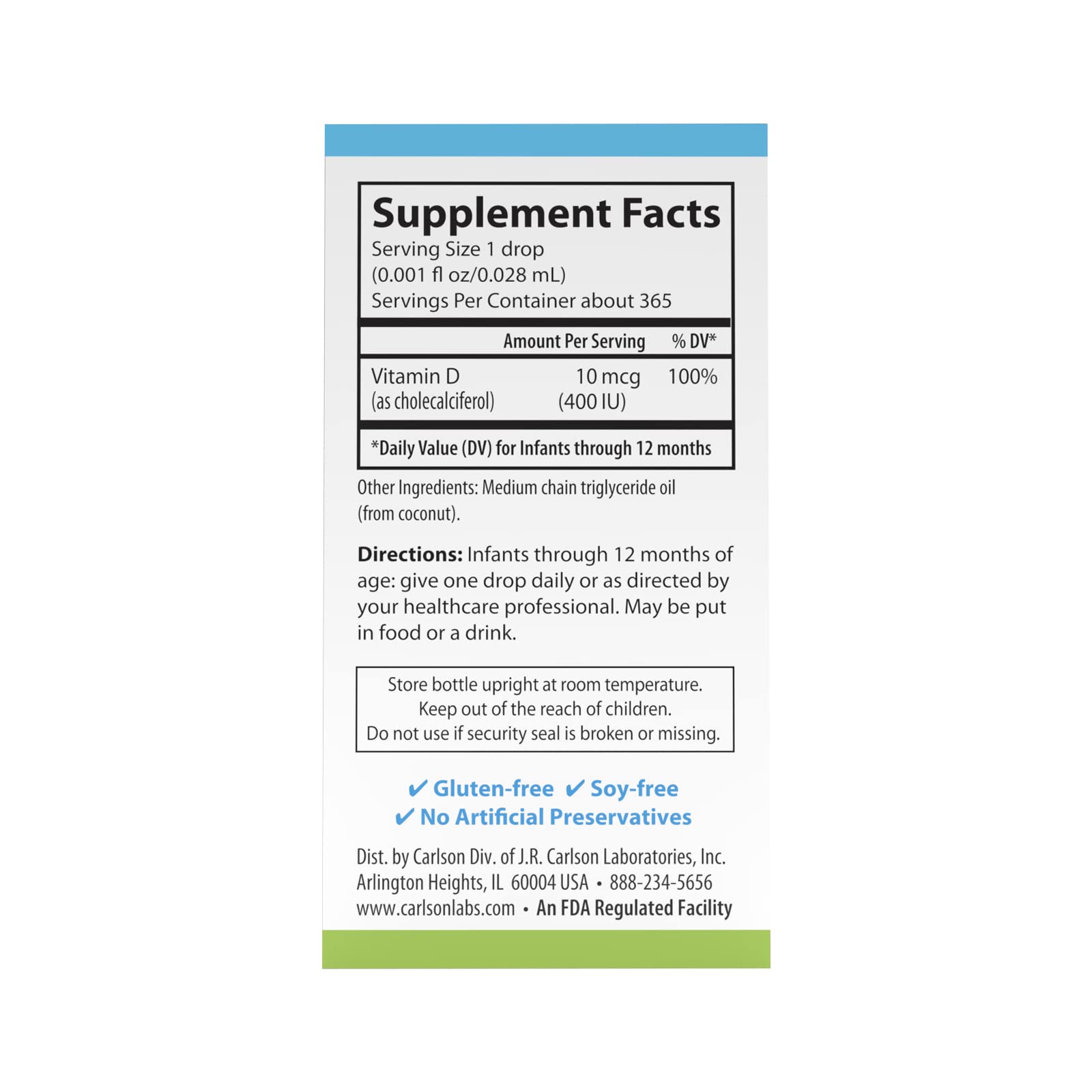 Carlson Labs Baby's Super Daily D3 Drops, 400 IU Vitamin D3 Supplement for Infants (10 ml) - Supports Healthy Bone Development & Immune System - Perfect for Breastfed Babies & Daily Nutrition