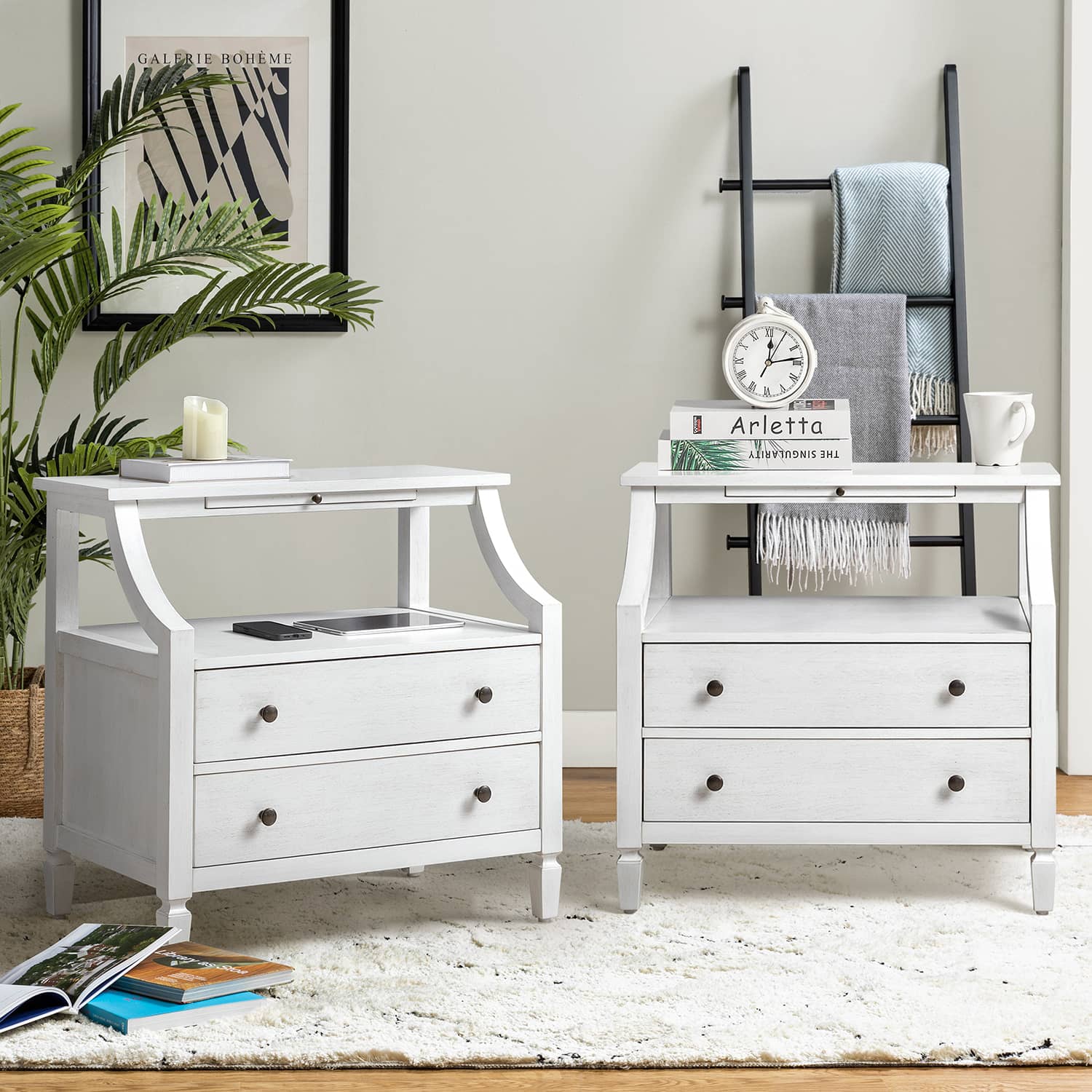 Grace 2-Drawer Nightstand with USB Charging Ports & Power Outlets - Modern Bedside Table for Bedroom, Living Room & Office Use