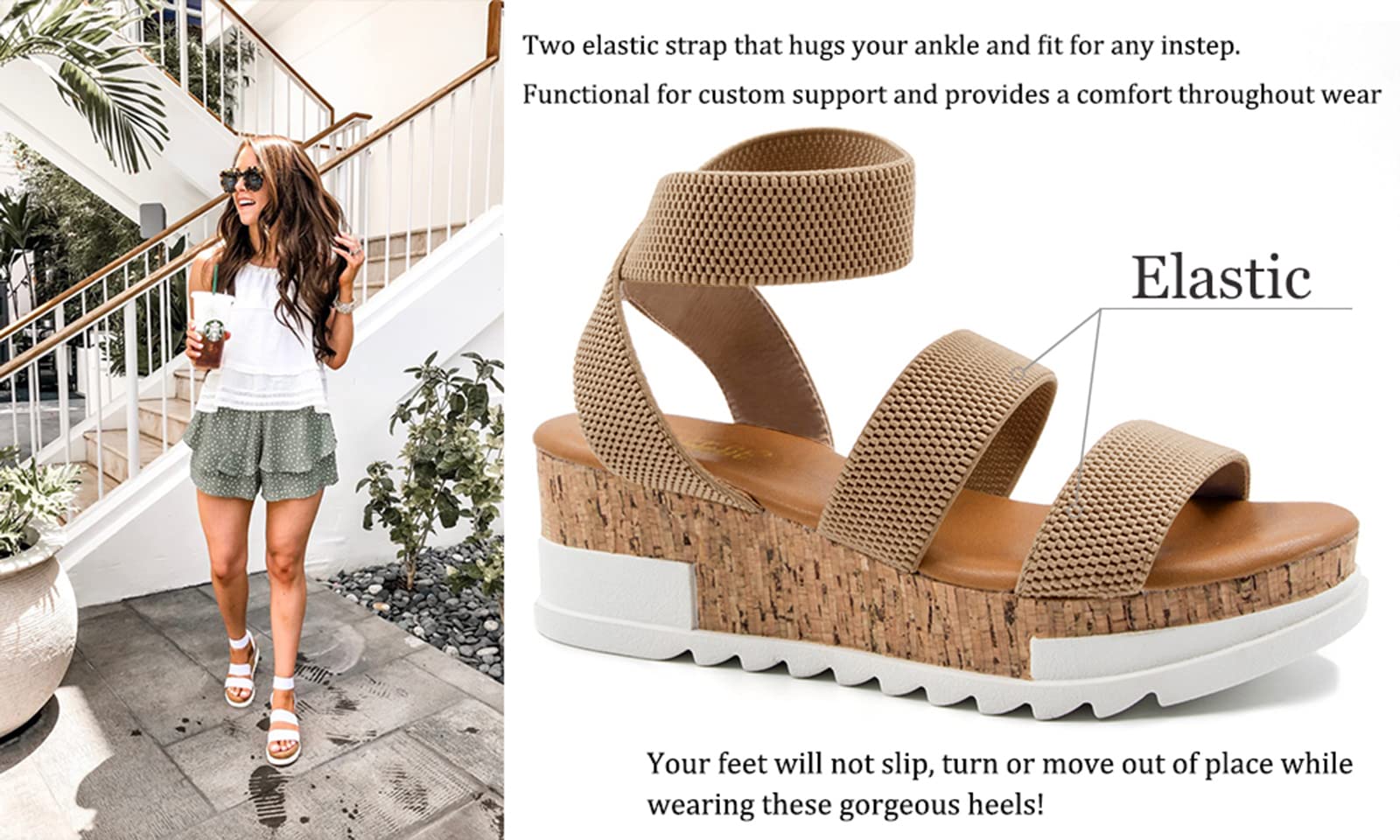 Athlefit Women's Wedge Sandals with Cork Elastic Strap - Comfortable Platform Sandals for Summer, Beach, and Casual Outings