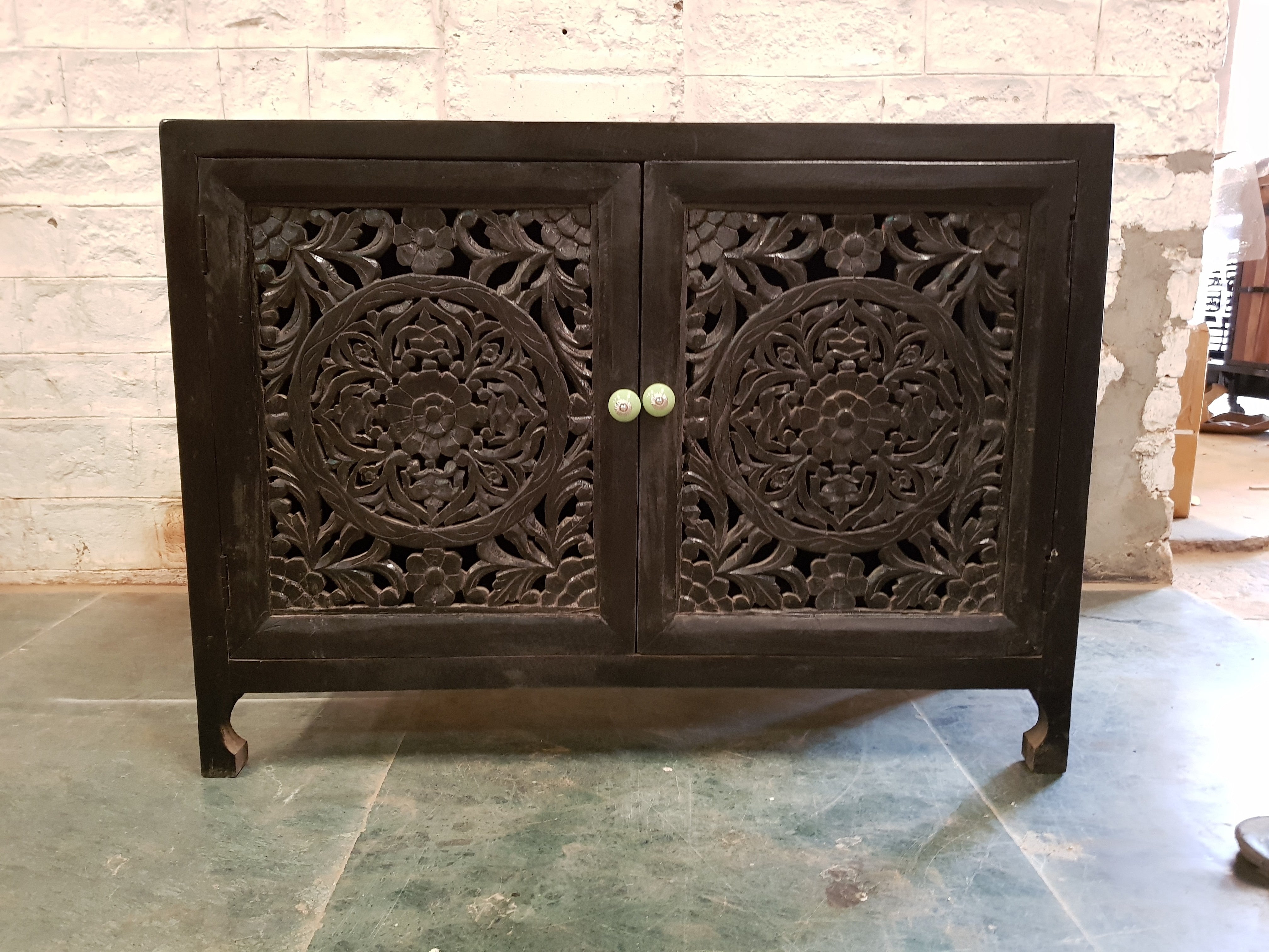 Hand Carved Indian Solid Wood Small Buffet Sideboard - Traditional Dynasty Style for Dining Room, Living Room & Entryway Storage