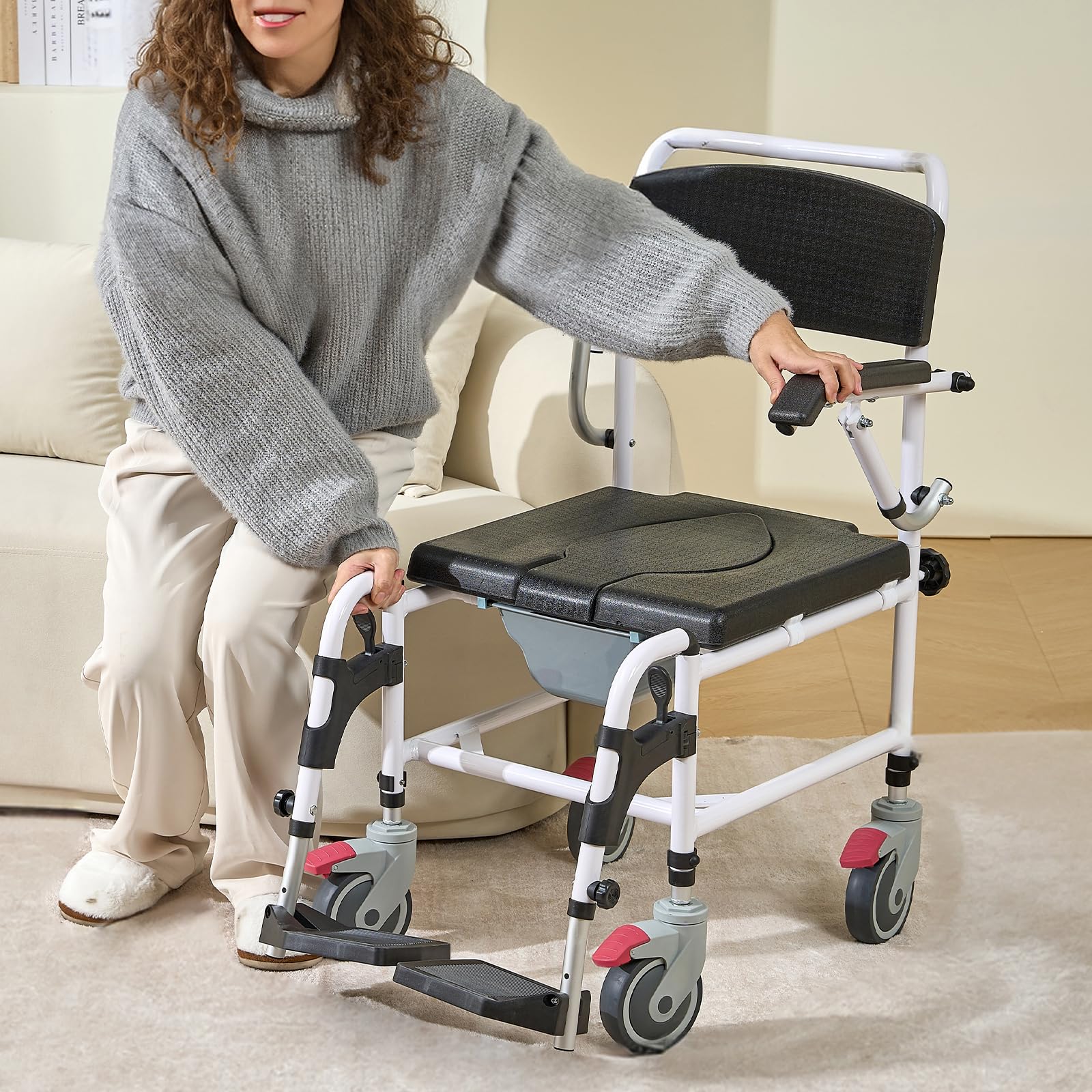 VEVOR Shower Commode Wheelchair with 4 Lockable Wheels & Adjustable Height - 350 LBS Capacity Commode Chair for Adults & Seniors - Ideal for Bathroom Safety, Elderly Care, and Post-Surgery Mobility Assistance