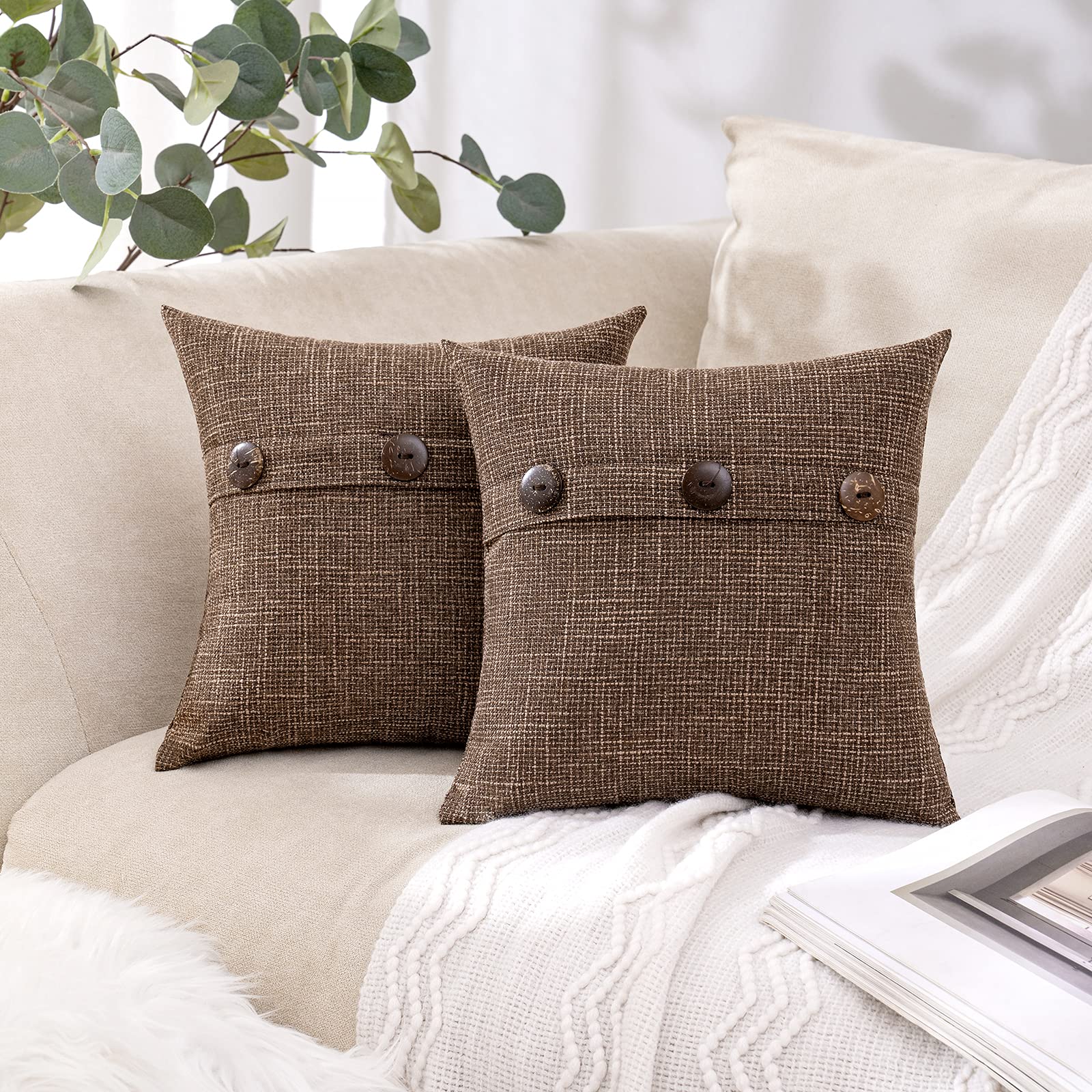 MIULEE Set of 2 Vintage Farmhouse Linen Throw Pillow Covers - 12x12 Inch Chocolate Brown Decorative Cushion Cases with Triple Button Closure for Sofa, Couch & Bed - Perfect for Living Room, Bedroom & Home Decor