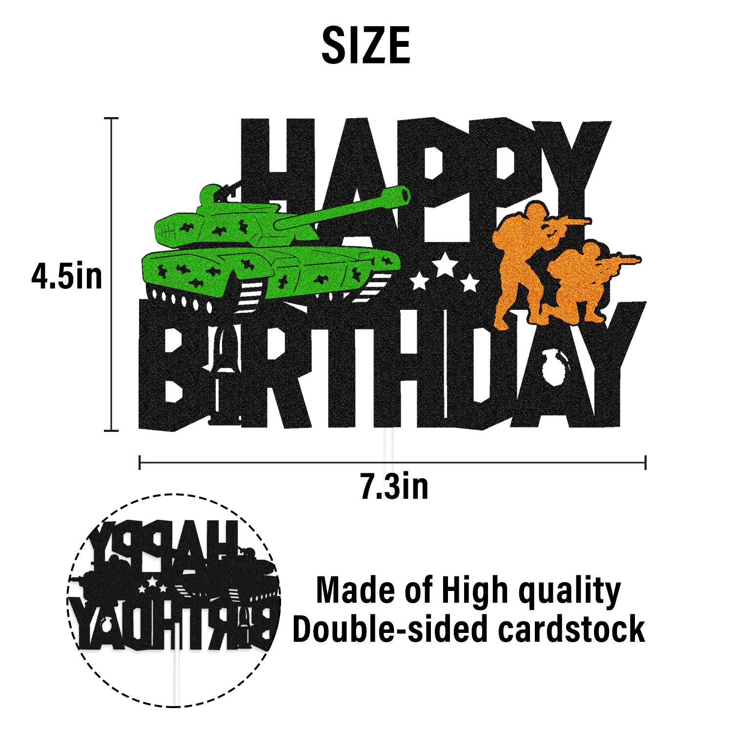 Army Camo Happy Birthday Cake Topper - Double Sided Black Sparkle Tank Decor for Kids, Boys & Girls | Military Soldier Themed Birthday Party Supplies | Perfect for Camouflage Army Themed Celebrations & Cake Decorations