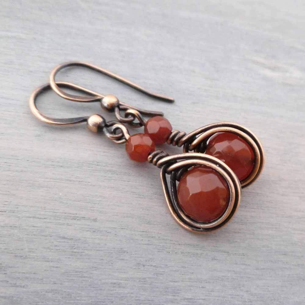 Handmade Solid Copper Earrings with Natural Carnelian Gemstone - Antiqued Vintage Style 1 Inch Drop Dangle Earrings for Women | Boho Chic Jewelry Gift for Birthday, Wedding & Everyday Wear