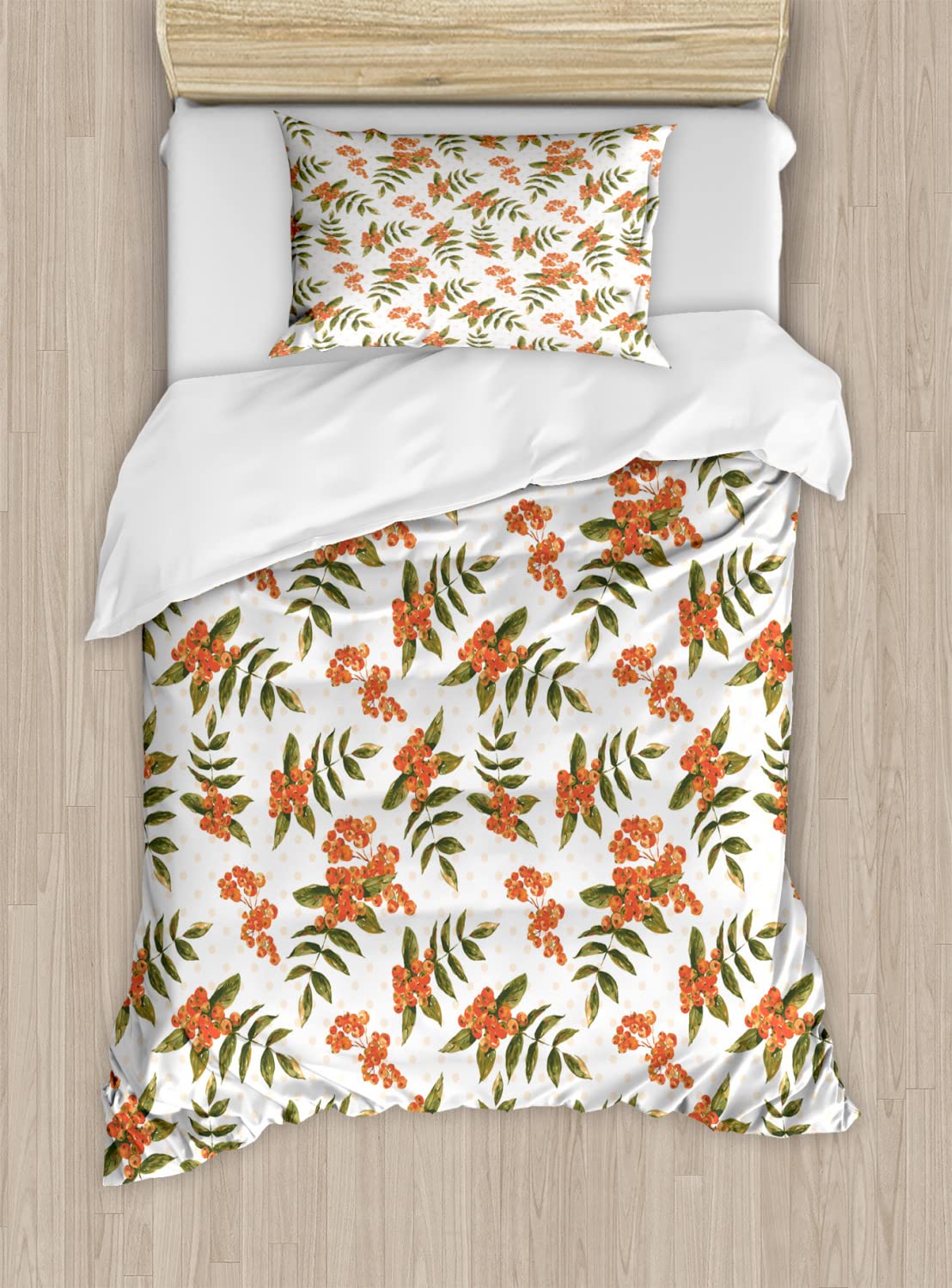 Ambesonne Rowan Duvet Cover Set - Botanical Foliage Nature Pattern with Berries on Soft Pink Dots, 2 Pack Cal King Size Bedding Set Includes 2 Duvet Covers & 4 Pillowcases, Dark Green & Pale Pink - Perfect for Master Bedroom, Guest Room & Cozy Home Decor