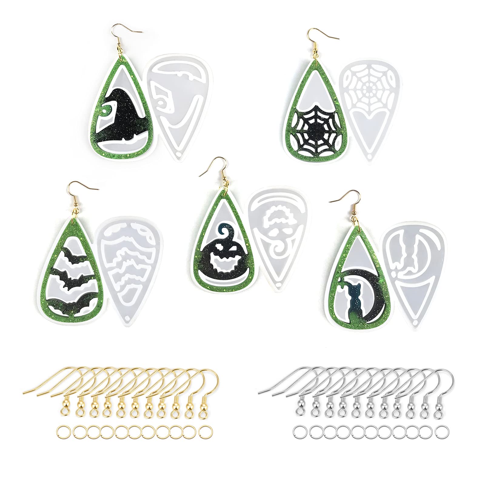 5 Pairs Halloween Resin Earring Molds with 100 Sets Hoops - Epoxy Resin Dangle Earring Molds for DIY Jewelry Making (Pumpkin, Skull, Bat & Spider Web Shapes) - Perfect for Halloween Costume Accessories, Party Favors & Handmade Gifts for Women & Girls