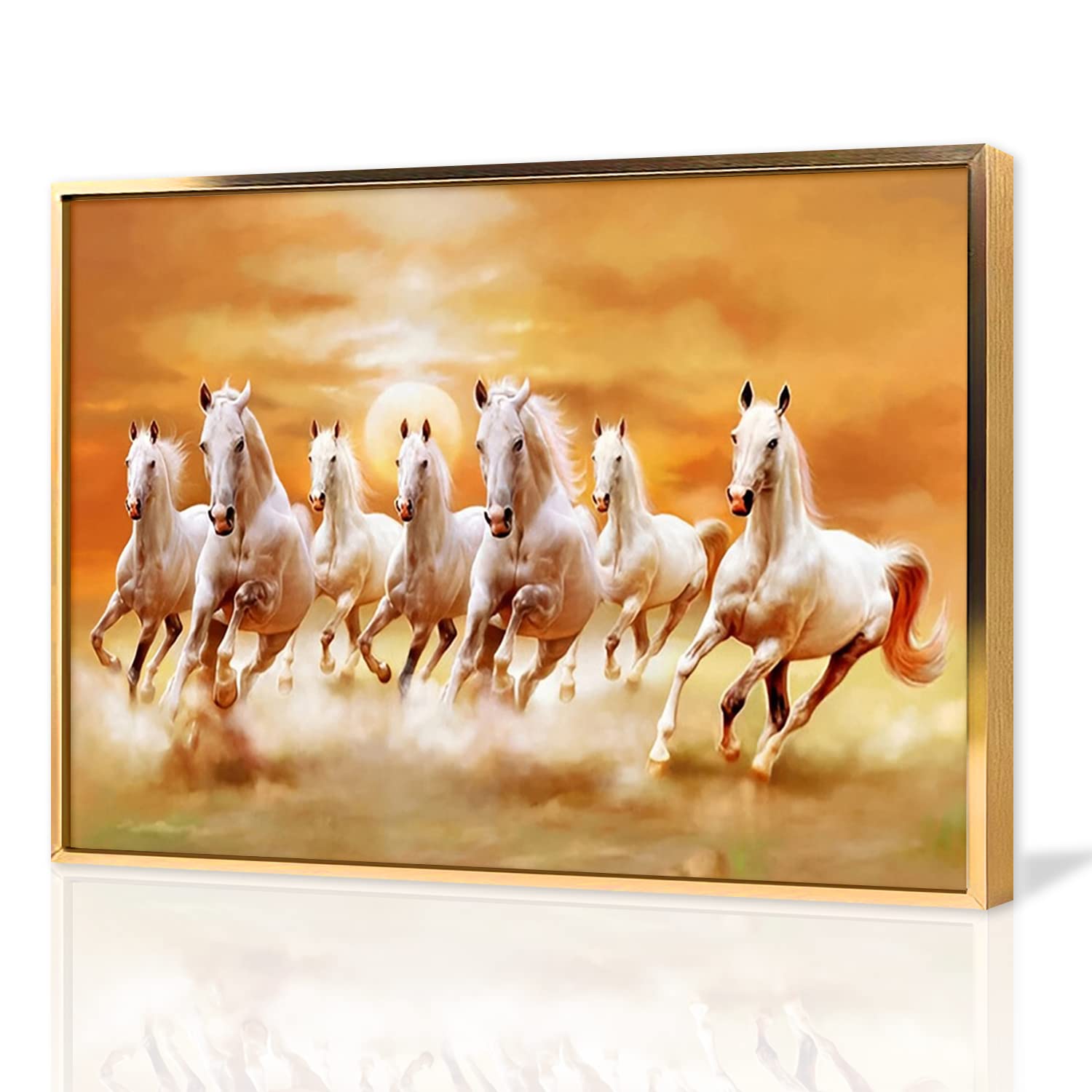 Running White Horse Wall Art Canvas Print - Watercolor & Oil Painting Contemporary Artwork for Home, Office, Kitchen Decor - 16x24 Inch Gold Metal Aluminum Framed Poster (Perfect for Living Room, Bedroom, or Gift)