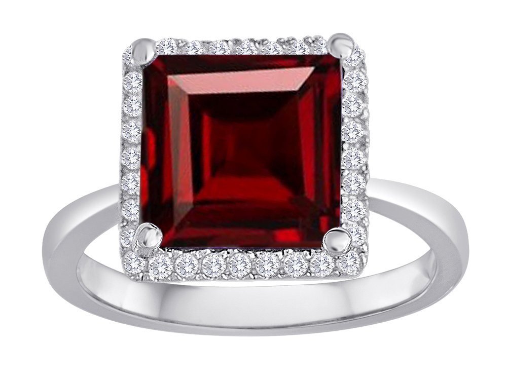 Sterling Silver Star K Square Cut Simulated Garnet Halo Ring - Elegant Jewelry for Women, Perfect for Weddings, Anniversaries & Special Occasions
