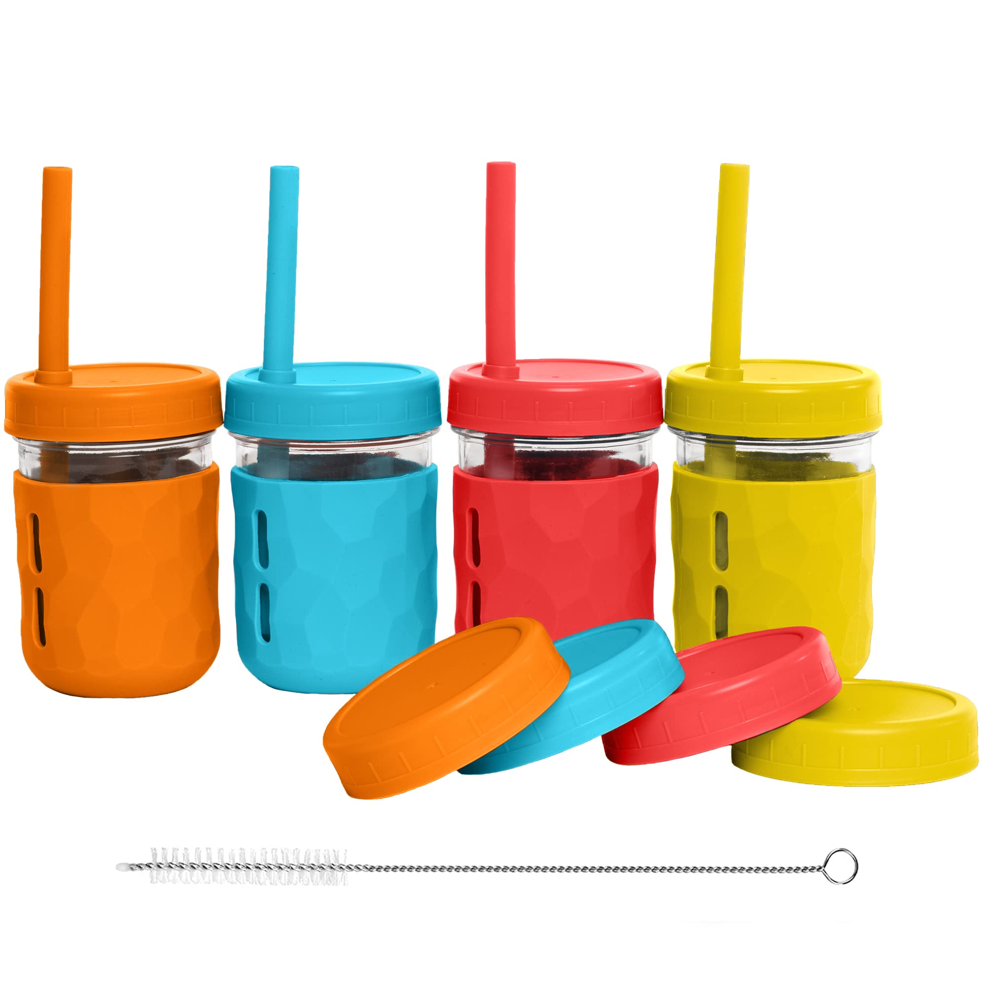 WeeSprout Glass Cups with Lids & Straws - Spill-Proof Toddler Cups for Kids, Baby Food Storage Containers & Snack Jars - Includes XL Silicone Straws & Non-Slip Sleeves (Set of 4, 8oz) - Perfect for Daycare, Travel & On-the-Go Snacks