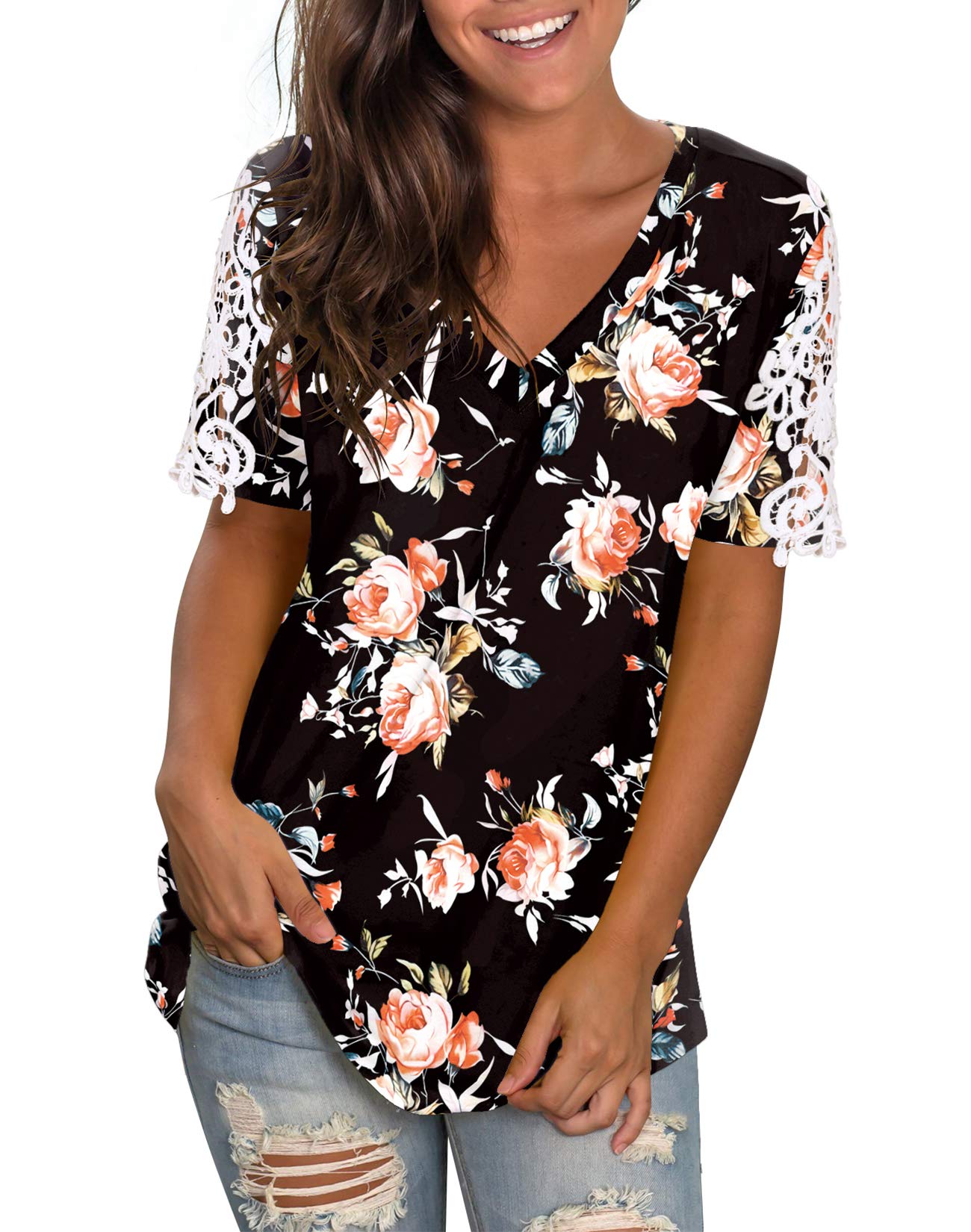 NIASHOT Women's V-Neck Short Sleeve T-Shirt - Lace Trim Casual Summer Top for Women | Perfect for Beach Outings, Date Nights & Everyday Wear