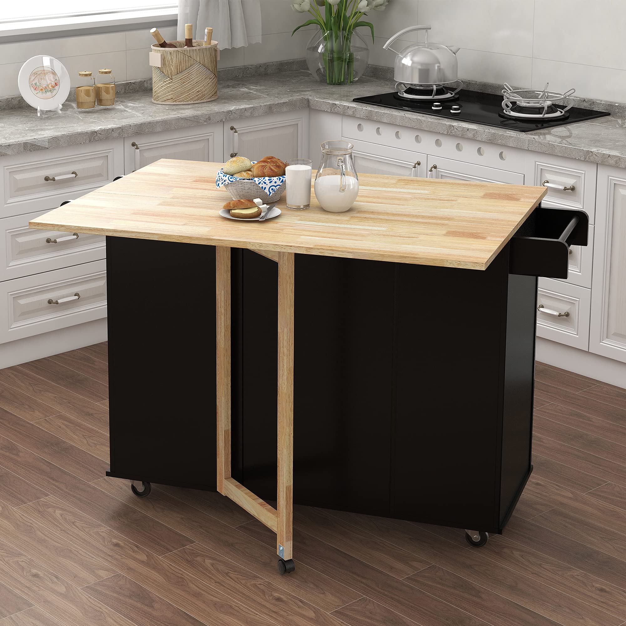 LERFAN Rolling Kitchen Island Cart with Extendable Wood Tabletop, 3 Drawers, Double Doors Cabinet & Towel Rack - Mobile Storage Solution for Small Spaces, Perfect for Kitchen, Dining Room or Bathroom Organization
