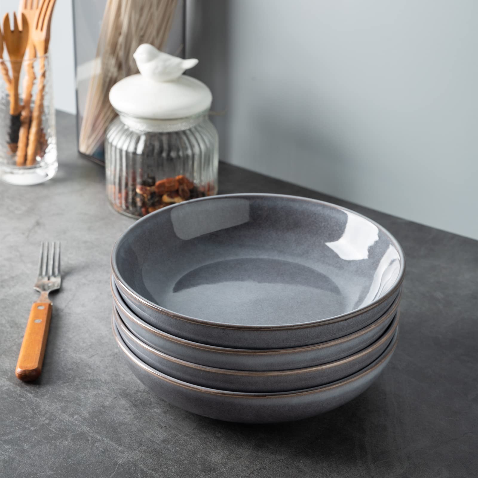AmorArc 8.5'' Large Pasta Bowls Set of 4 - 36oz Stoneware Serving Bowls for Pasta, Salad, Fruit & Oatmeal - Microwave & Dishwasher Safe - Reactive Glaze Gray - Perfect for Family Dinners, Entertaining & Everyday Meals