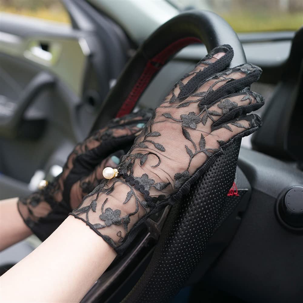 Pearl Embellished Bridal Gloves for Women - Touchscreen Compatible, Breathable & Anti-Skid - Summer Driving & Riding Wrist Gloves (Black, One Size) - Perfect for Weddings, Formal Events & Outdoor Activities