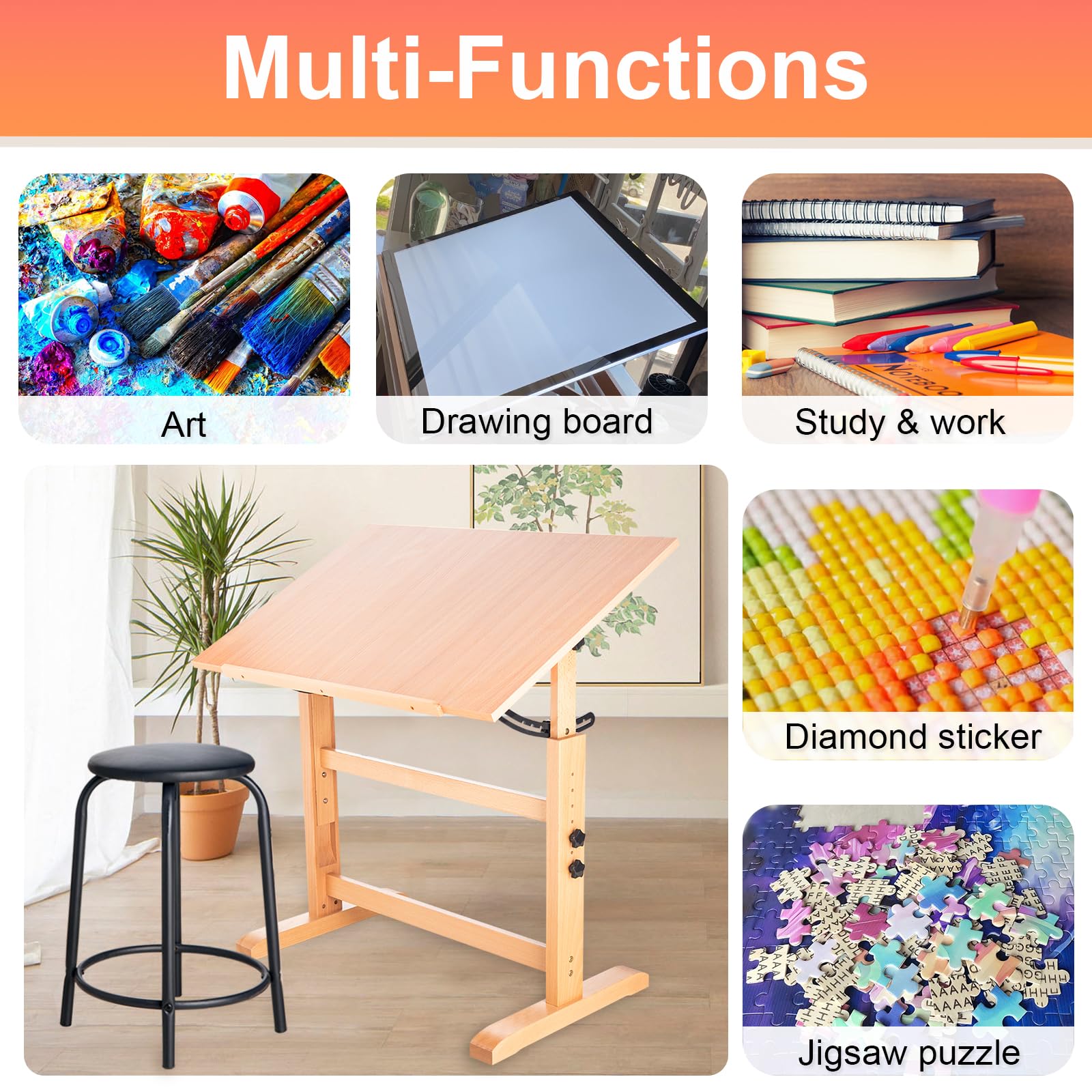 Adjustable Wooden Drafting Table & Stool Set - 23.5