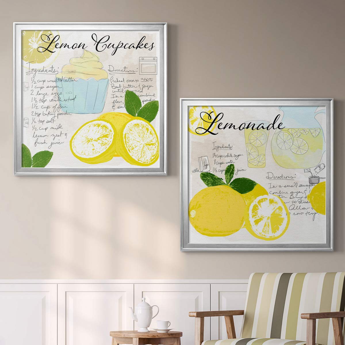 Silver Framed Lemon Cupcakes Canvas Wall Art - Modern Contemporary Rustic Romantic Industrial Wall Décor - Ready to Hang 22x22 Inches - Perfect for Kitchen, Dining Room & Home Office Decor