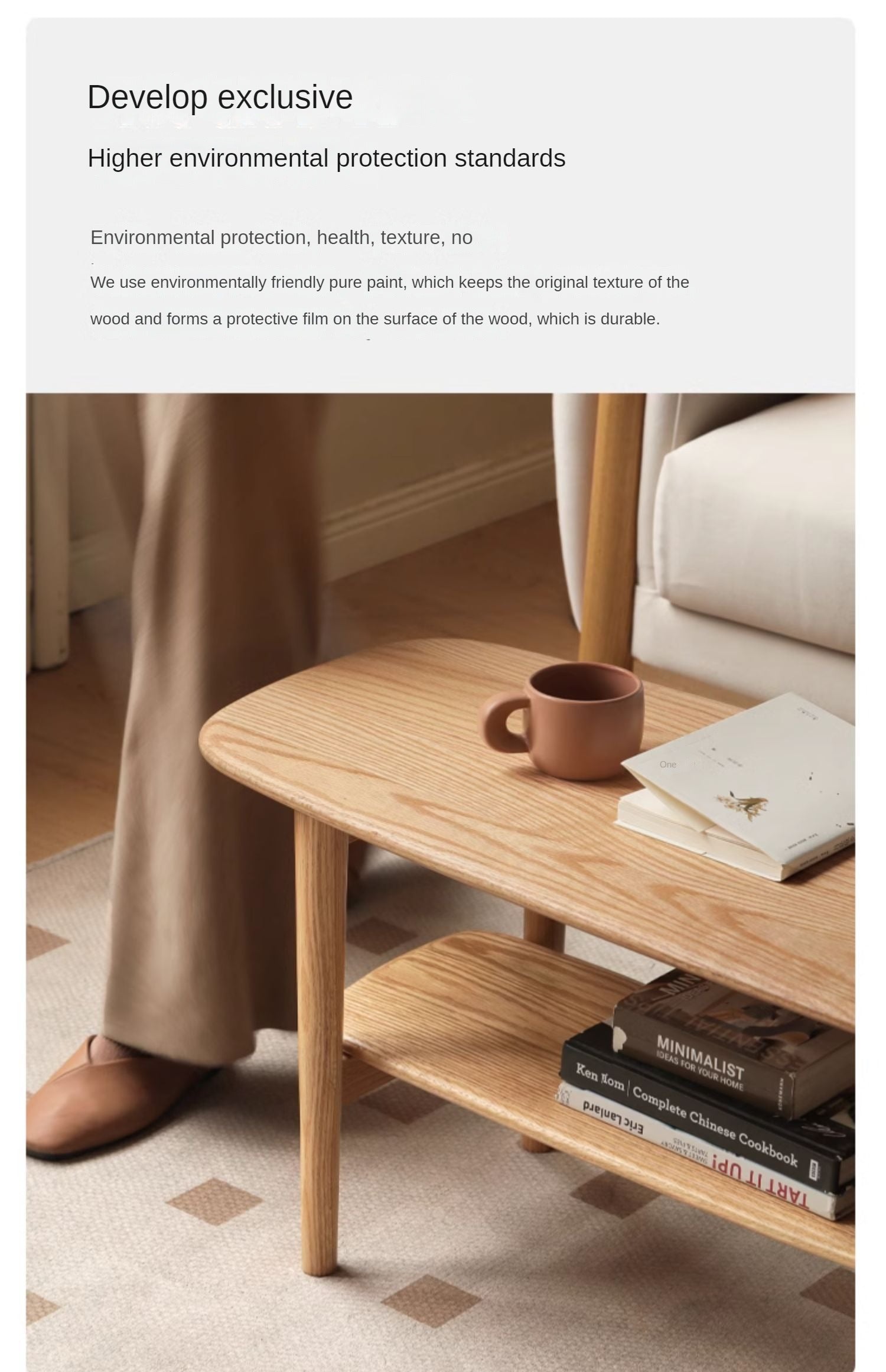 Minimalist Ultra Narrow Coffee Table - Solid Oak & Cherry Wood - Perfect for Small Spaces, Apartments, and Modern Living Rooms