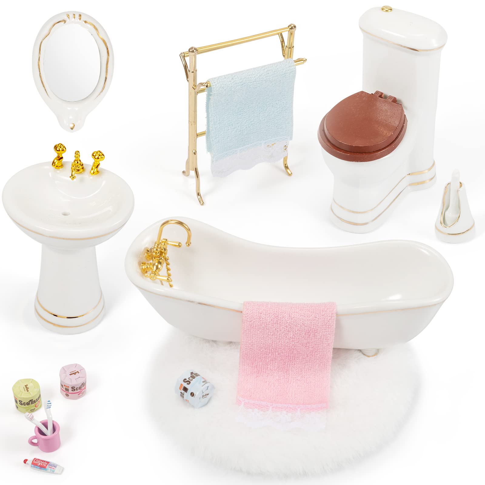 1:12 Scale SAMCAMI Ceramic Dollhouse Furniture Set - Miniature Bathroom Accessories with Toilet, Bathtub, Sink & Fluffy Rug | Perfect for Dollhouse Decor, Collectors & Kids Play