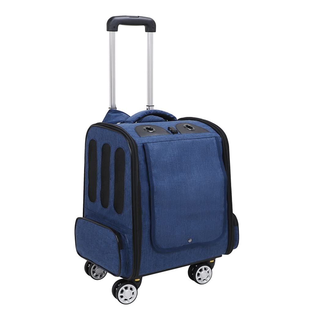 MASME Pet Travel Trolley - Swivel Wheel Cat & Dog Carrier Backpack | Breathable Pet Transport Box for Dogs & Cats | Portable Pet Crate with Storage Pocket (Blue) | Perfect for Air Travel, Vet Visits & Outdoor Adventures