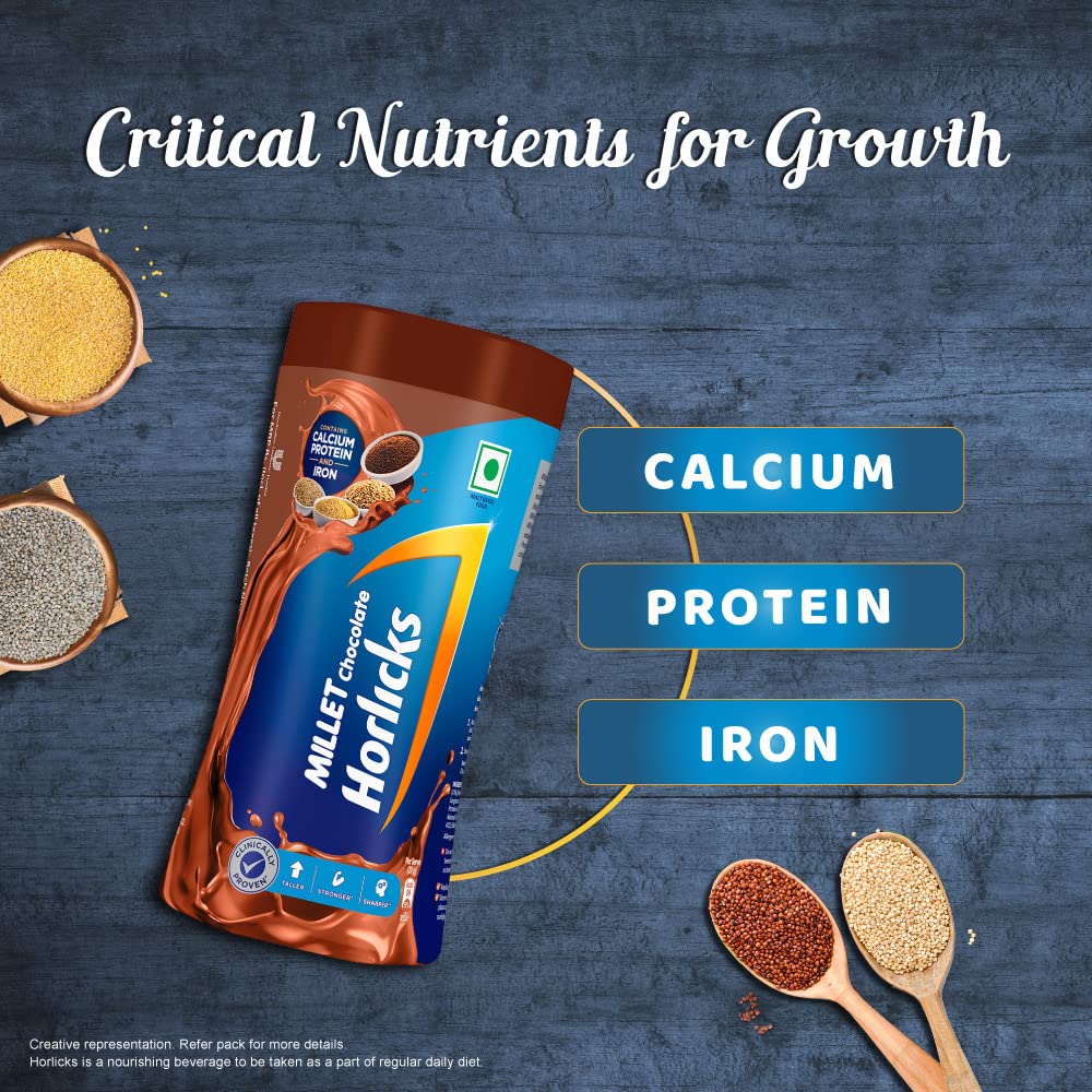 Horlicks Millet Chocolate Drink Mix - 400g Jar - Rich & Creamy Malt Beverage for Energy & Relaxation - Perfect for Breakfast, Nighttime, or Post-Workout Recovery
