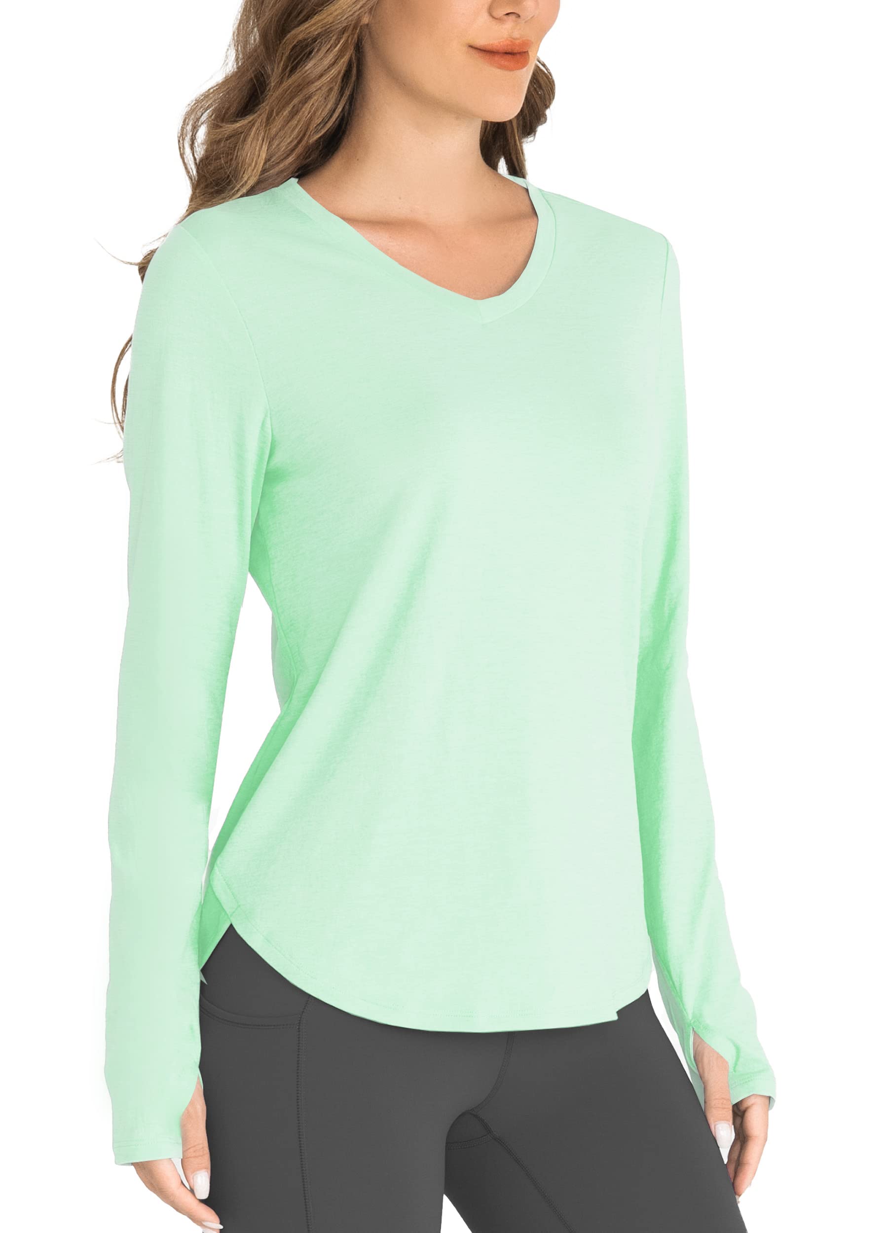 Hiverlay Women's Long Sleeve V-Neck Workout Shirts UPF 50+ Athletic Running Shirts with Thumbhole - Loose Fit Activewear for Gym, Yoga & Outdoor Sports