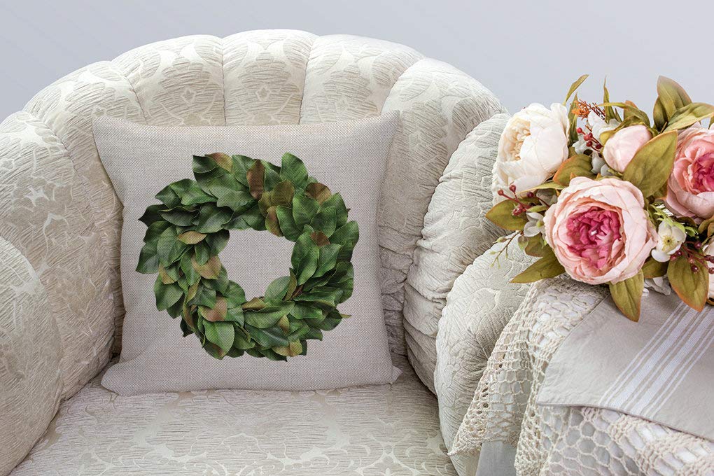 SSOIU Magnolia Leaves Wreath Throw Pillow Covers 18x18 Inches - Farmhouse Decorative Square Pillow Covers for Living Room, Bedroom & Porch Decor - Rustic Home Accents