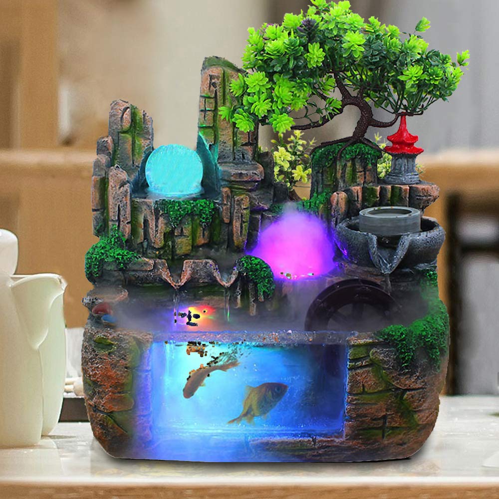 Mini Tabletop Fountain - Indoor Water Fountain with Resin Rockery & Bonsai Design, Perfect for Home Office Desk, Bedroom Decor, Zen Relaxation & Gift Giving