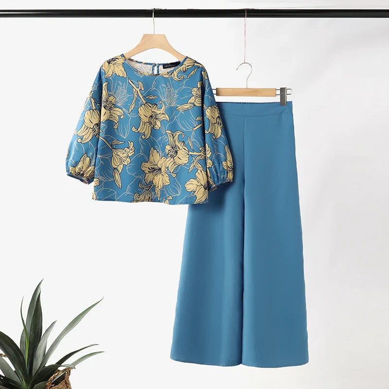 Stylish Women's 3/4 Sleeve Blouse & Wide Leg Pant Suit Set - ZANZEA 2-Piece Casual Printed Tracksuit for Summer | Perfect for Office Wear, Vacation Outfits & Casual Street Style