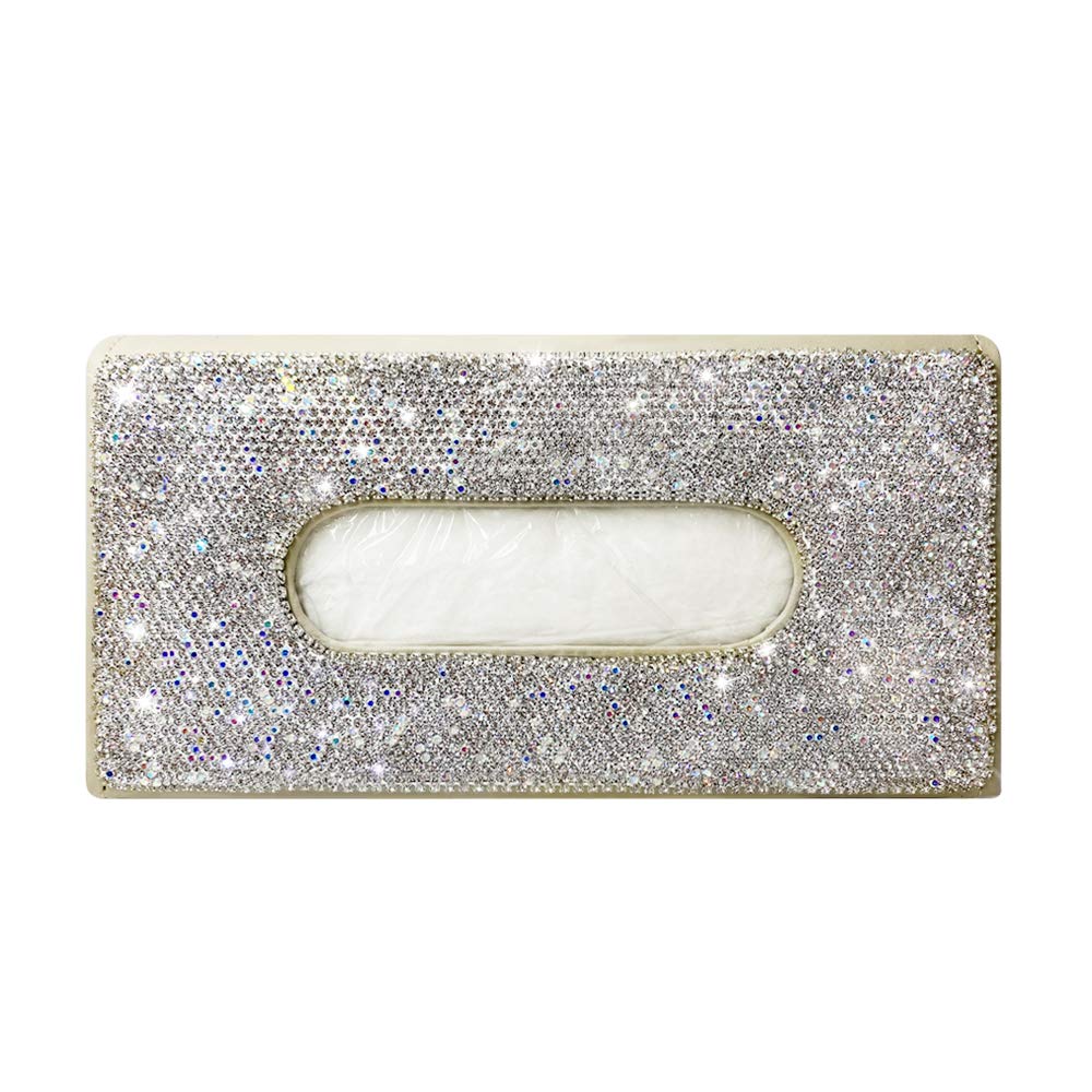 Sparkling Rhinestone PU Leather Napkin Holder & Car Tissue Box Organizer - Elegant Beige & White Hanging Backseat Sun Visor Storage for Cars | Perfect for Road Trips, Daily Commutes & Luxury Vehicle Decor
