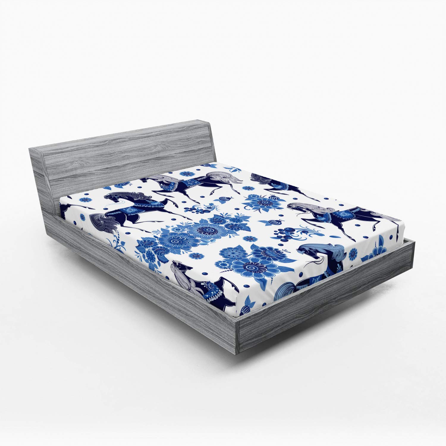 Ambesonne Horse Fitted Sheet Queen Size - Monochrome Horse & Floral Pattern Deep Pocket Bed Cover - Dark Blue White Cotton Blend Elastic All Around - Perfect for Guest Rooms, Dorms & Horse Lover Bedrooms