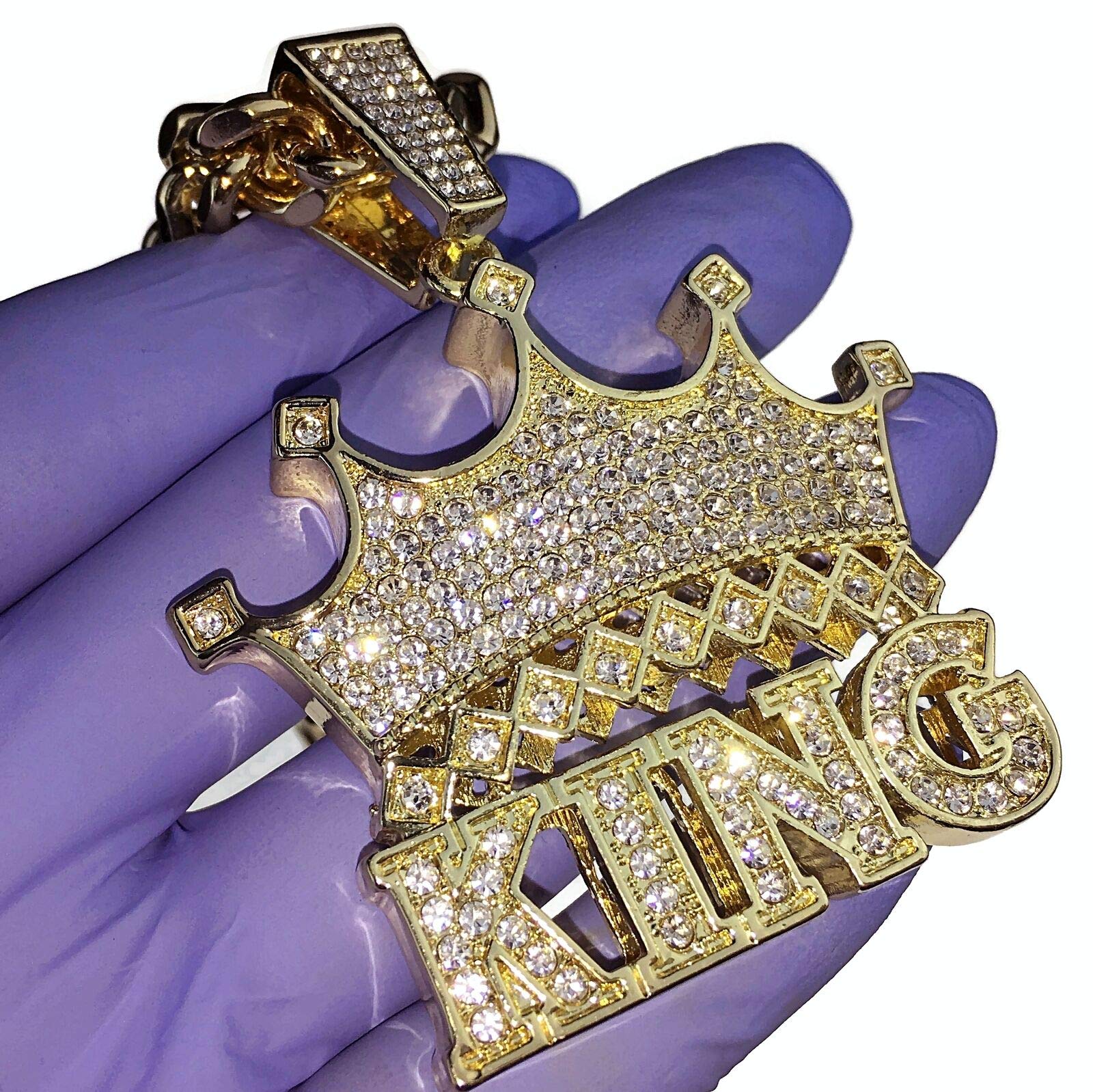 Men's Hip Hop Gold Plated Iced Out Crown King Pendant with 10mm 30 Inch Cuban Link Chain - Bling Statement Necklace for Rappers, Streetwear Fashion & Gift Giving
