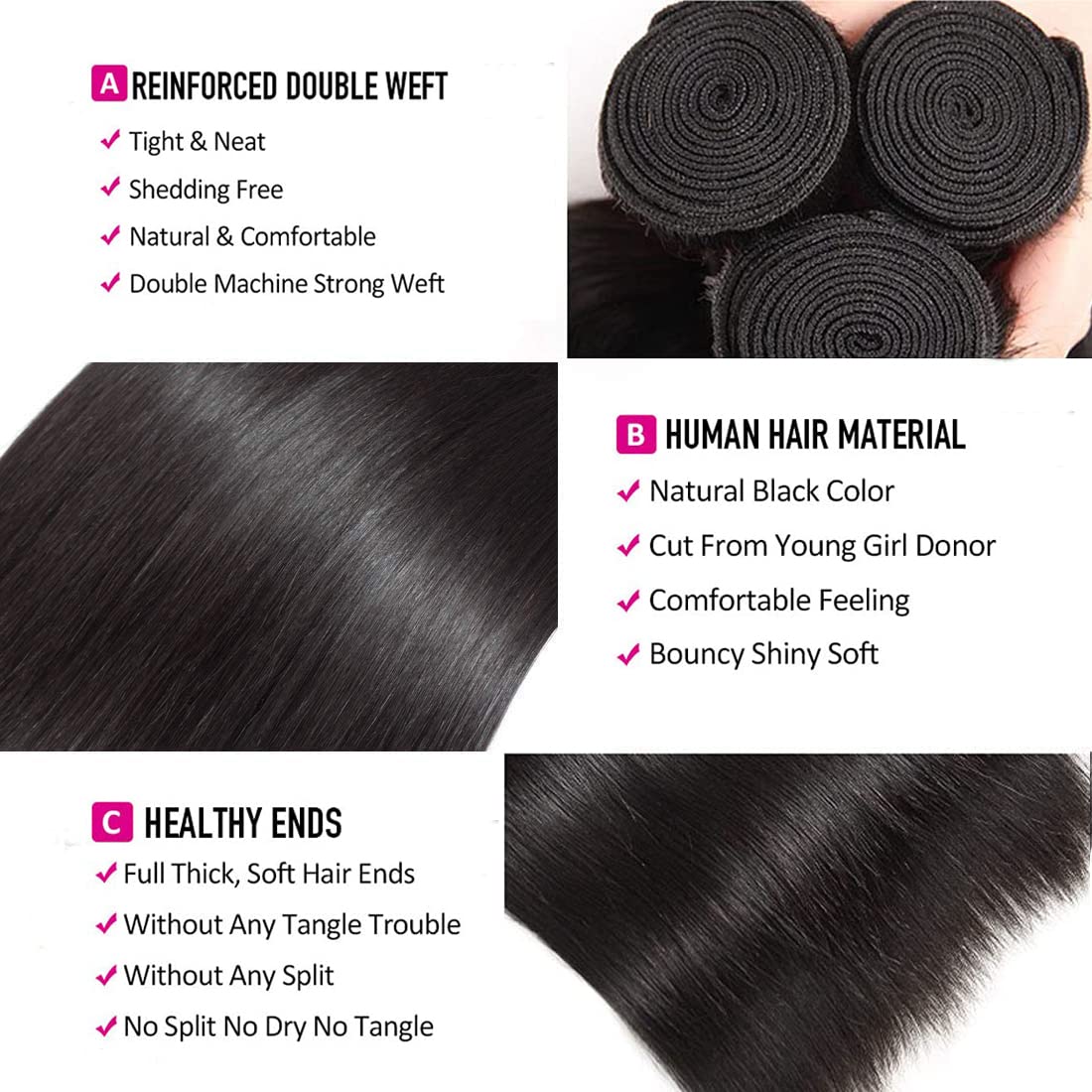 10A Brazilian Straight Human Hair Bundles 26 28 30 Inch - 100% Unprocessed Virgin Hair Weave - 3 Bundles Deal - Perfect for Sew-in Weaves, Clip-in Extensions & Ponytails
