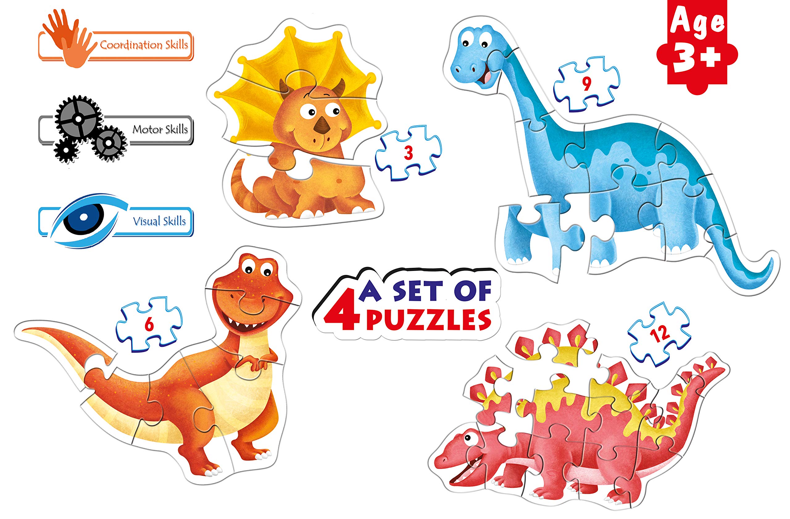 Frank Dinosaurs Shaped Floor Puzzles for Kids - 3,6,9,12 Piece Jumbo Puzzle Set - Educational Dinosaur Toys for Toddlers & Preschoolers - Perfect for Playroom, Classroom & Birthday Gifts